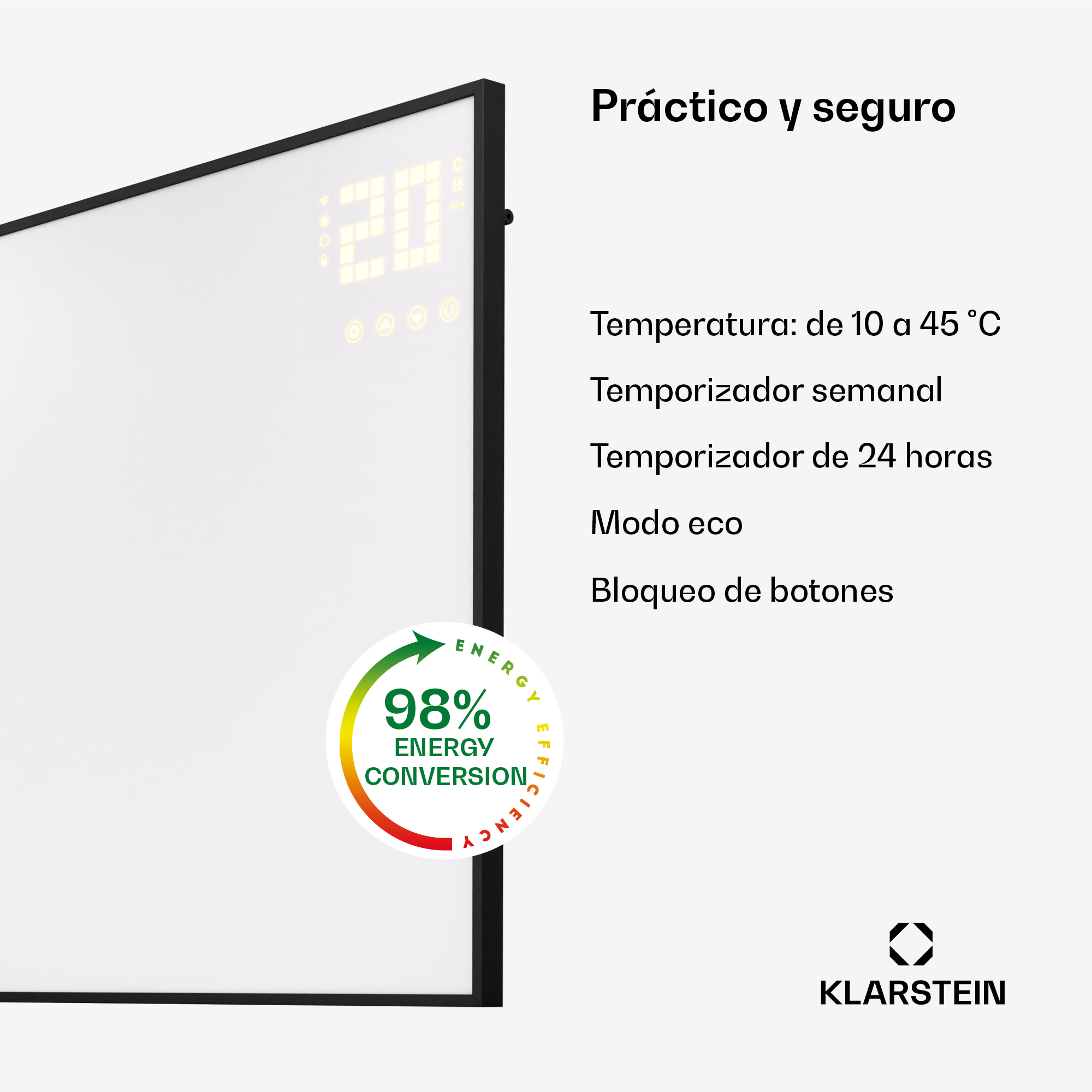 Un riscaldatore con display digitale, logo di efficienza energetica e marchio Klarstein.