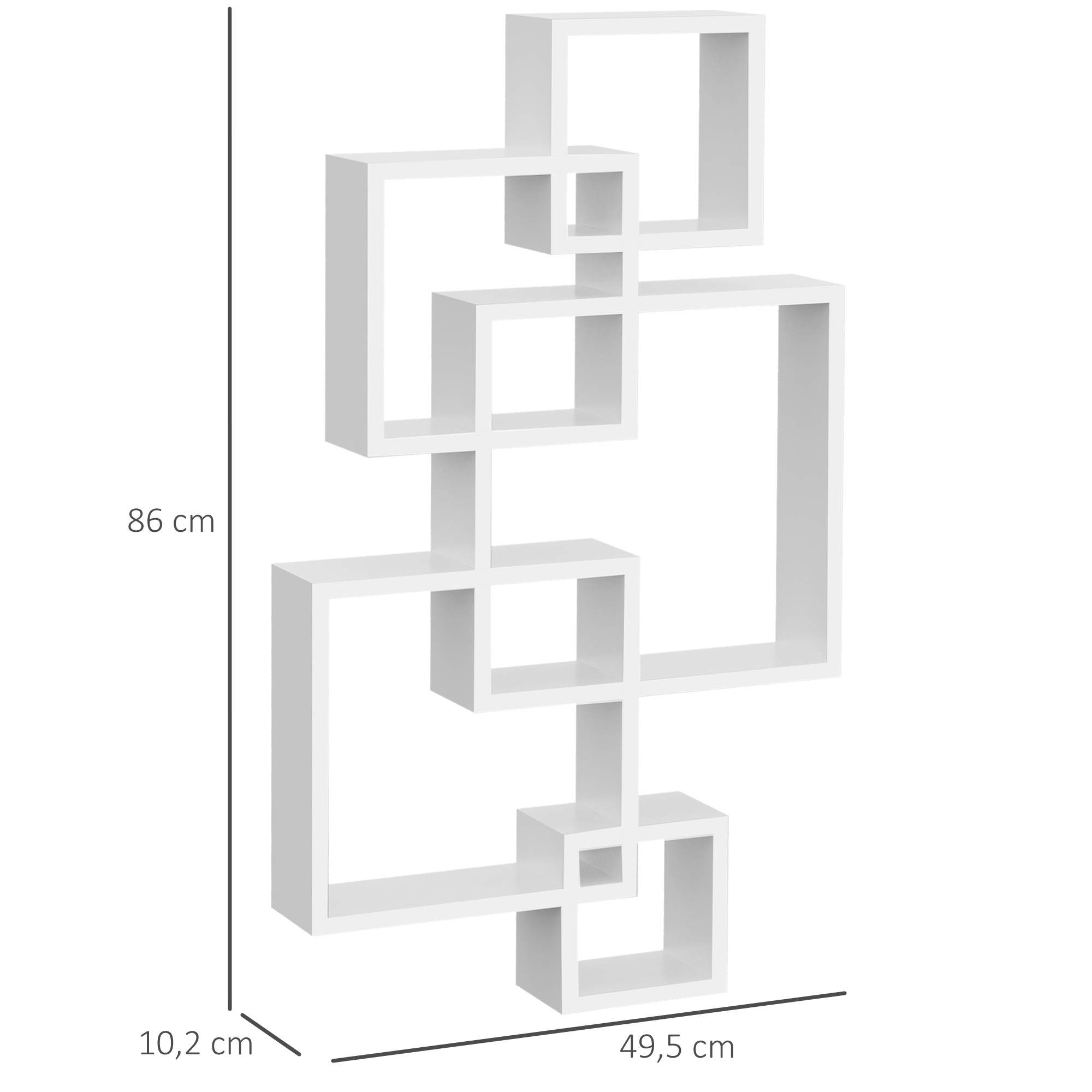 Un estante de pared blanco con varios compartimentos rectangulares superpuestos.