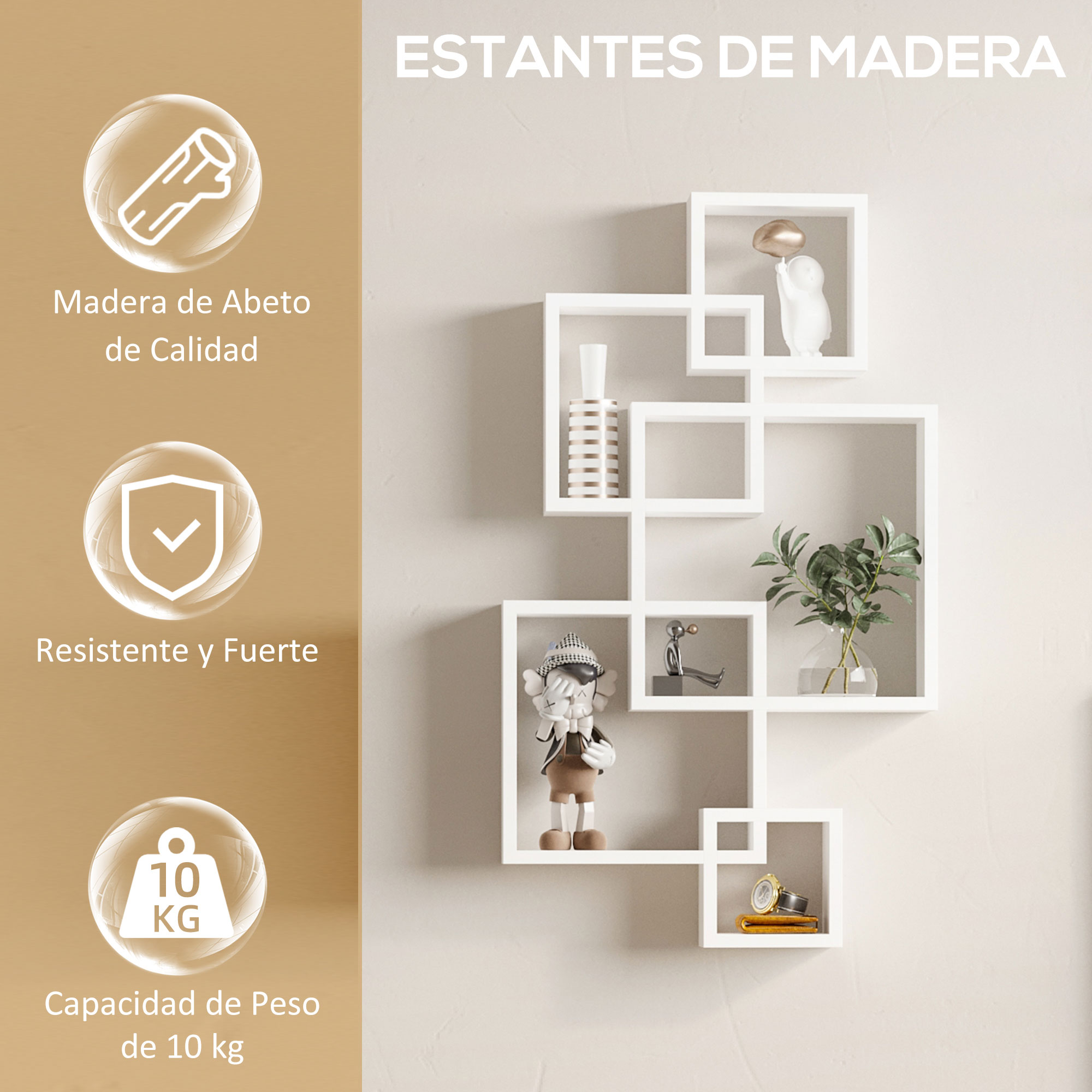 Estantes de madera blancos exhiben objetos decorativos como figuras, jarrón y reloj.