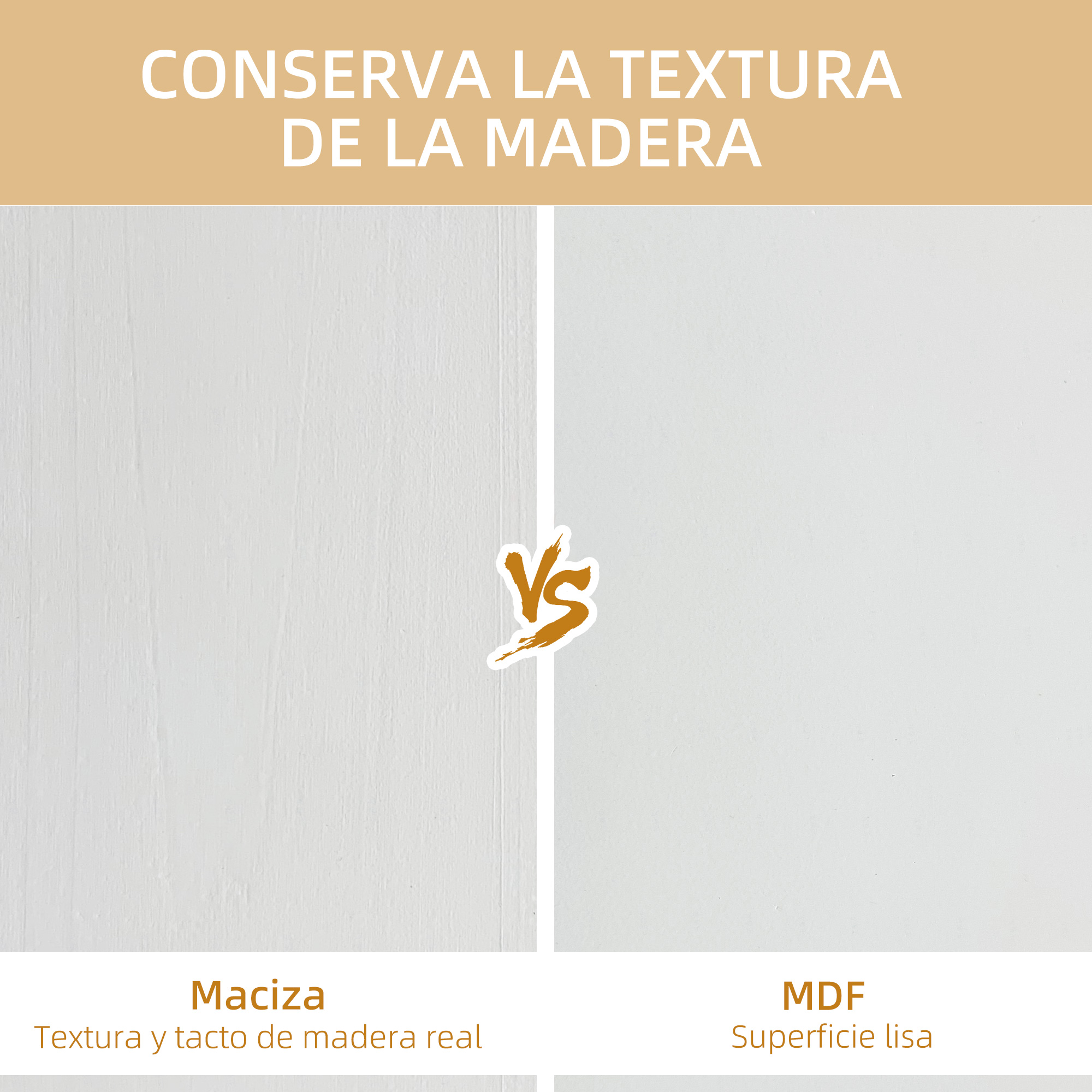 Comparación de texturas de madera: "Maciza" con veta vs. "MDF" liso.