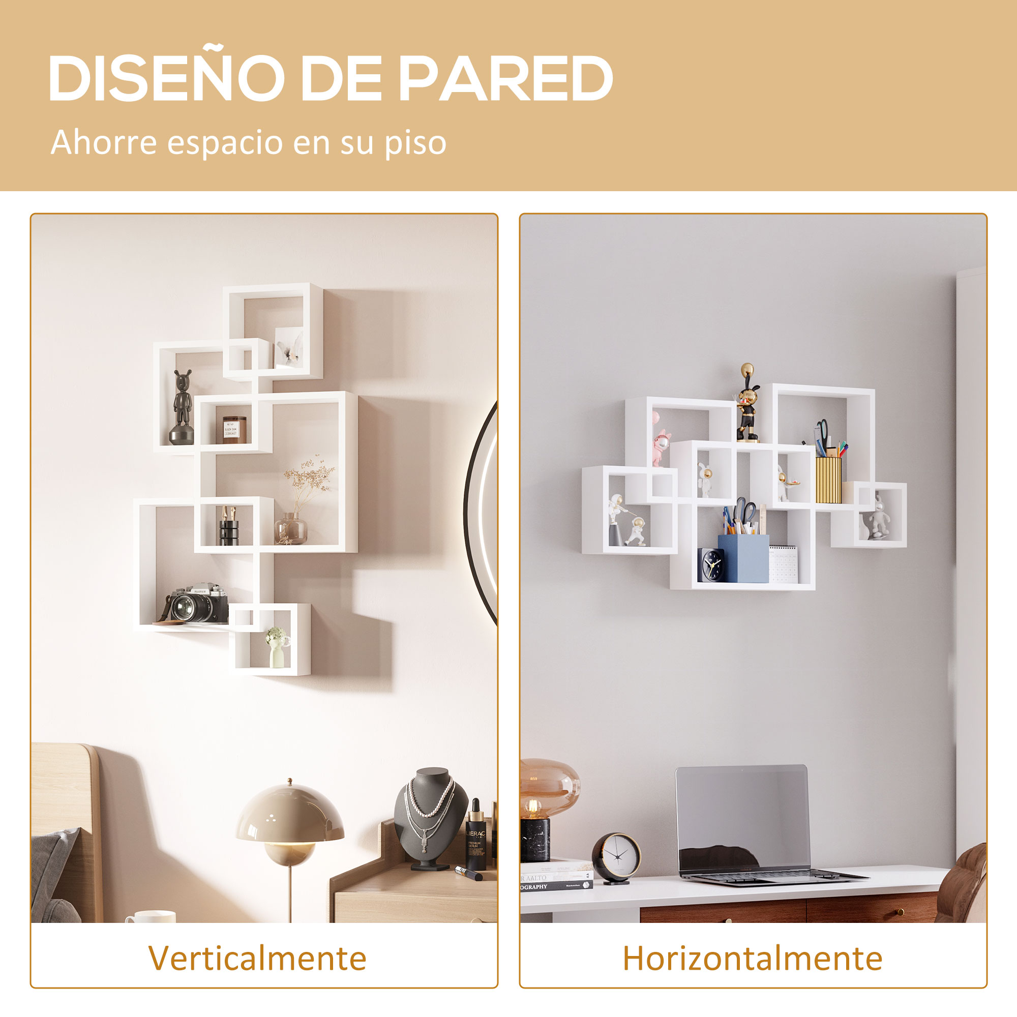 Estantes blancos de pared, montados vertical y horizontalmente, con objetos decorativos.