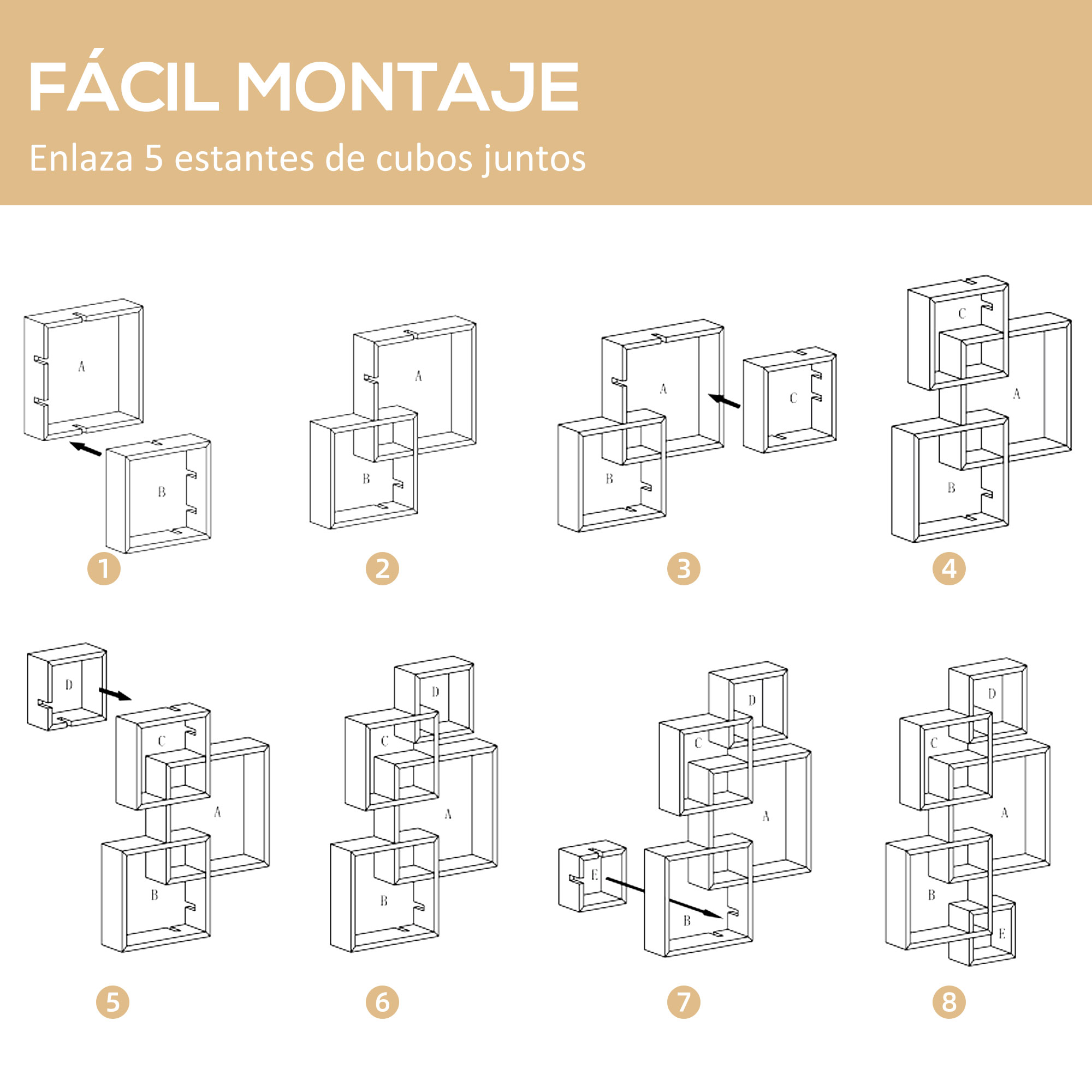 Instrucciones de montaje para 5 estantes cúbicos en 8 pasos.