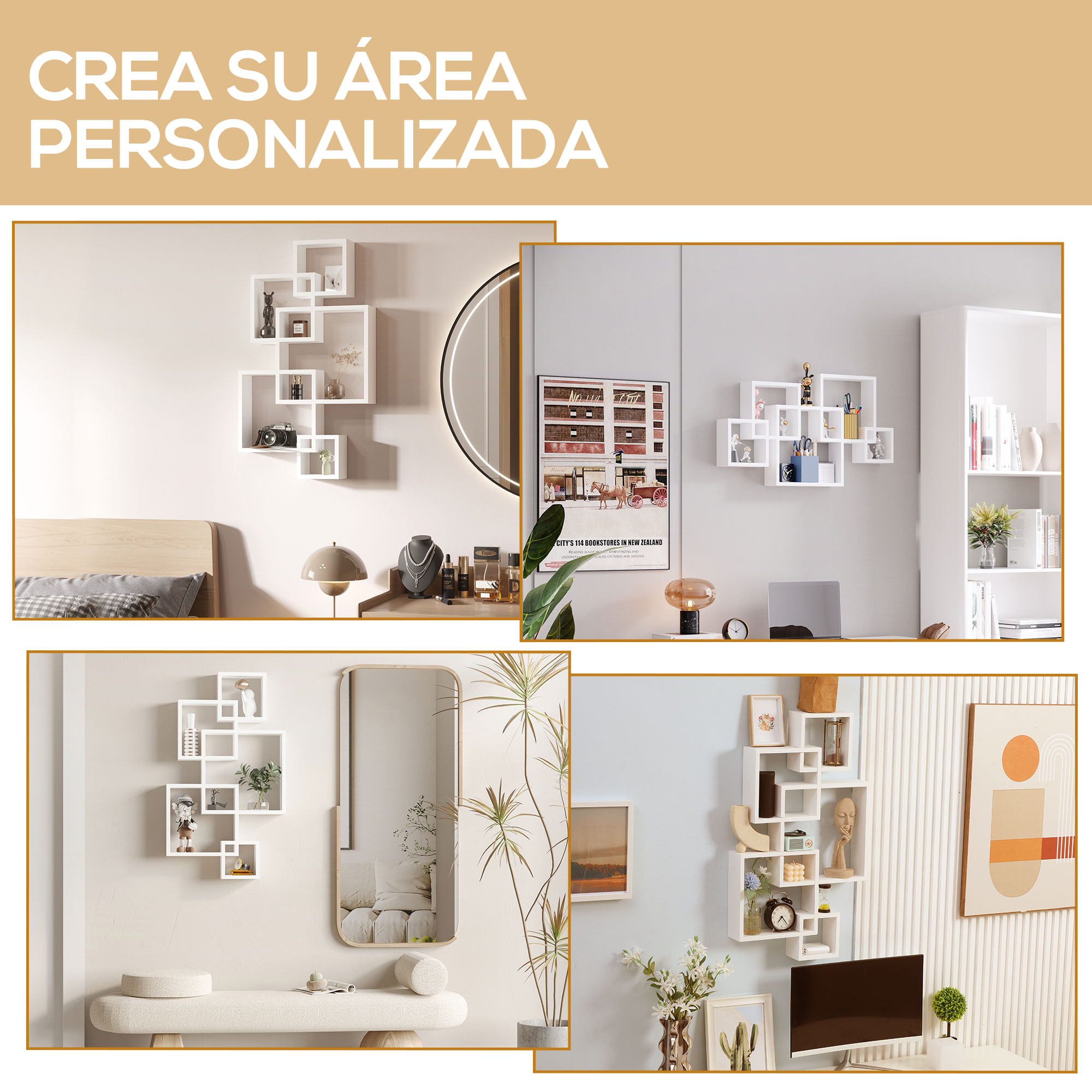 Estantes cúbicos blancos con decoraciones en varias escenas.