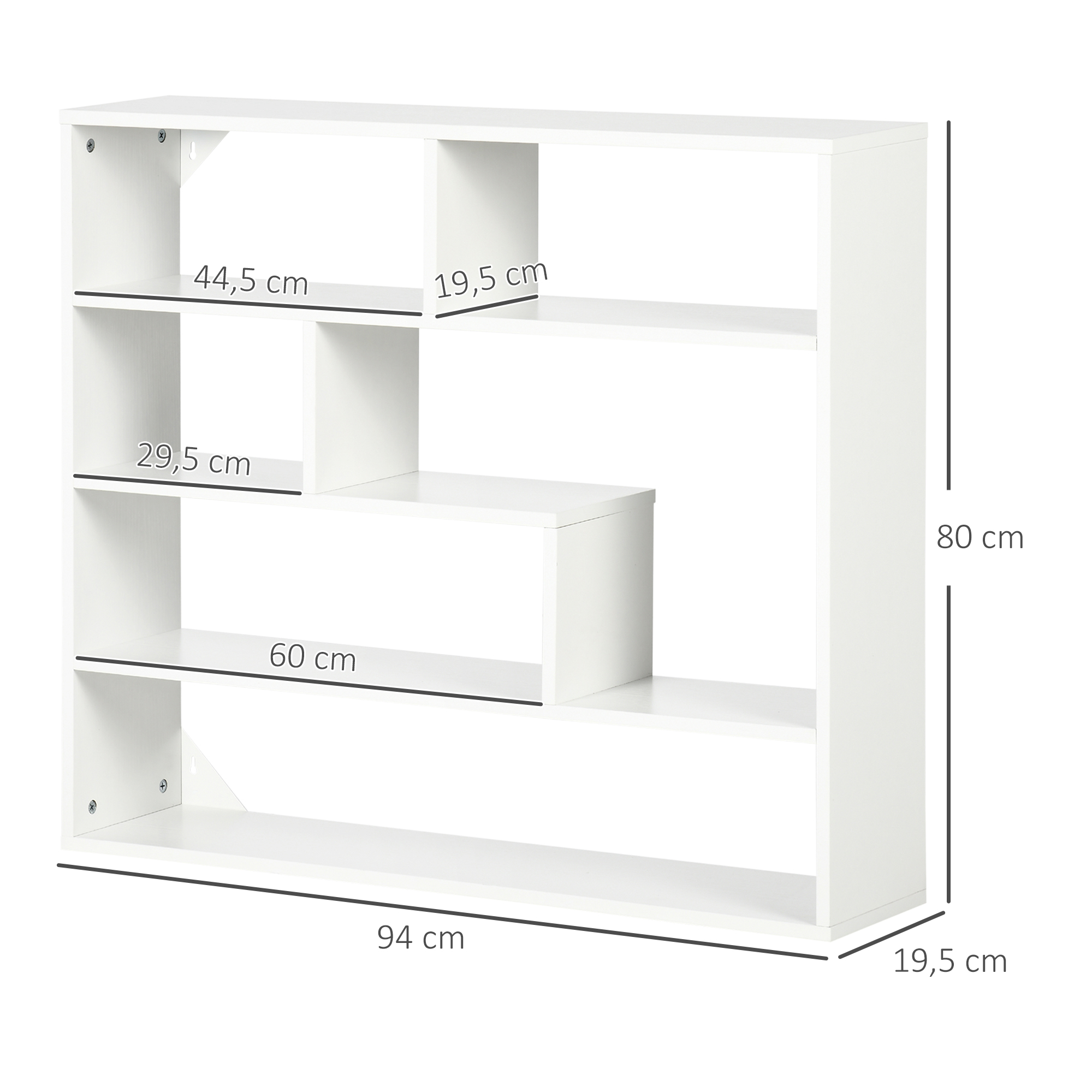 Una estantería blanca y moderna con múltiples estantes y compartimentos. Se muestran las dimensiones.