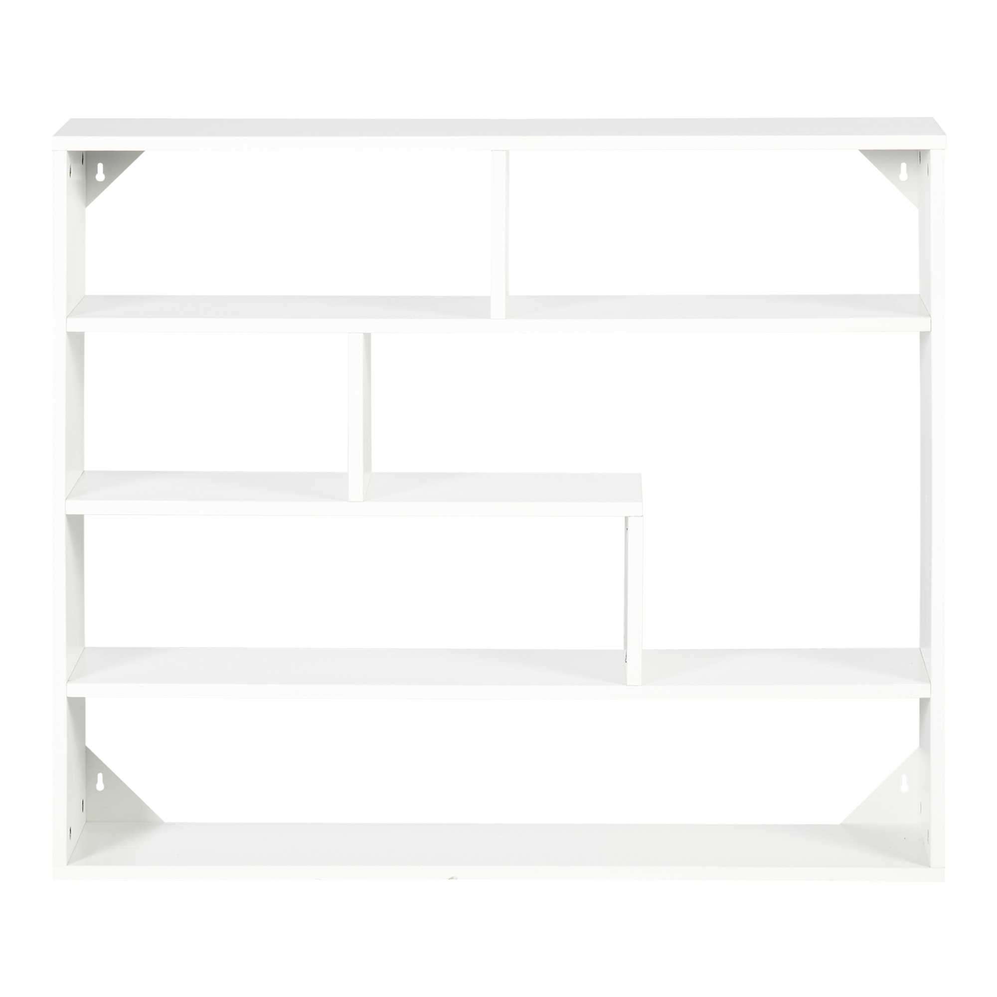 Un estante de pared blanco con varios compartimentos y orificios de montaje.