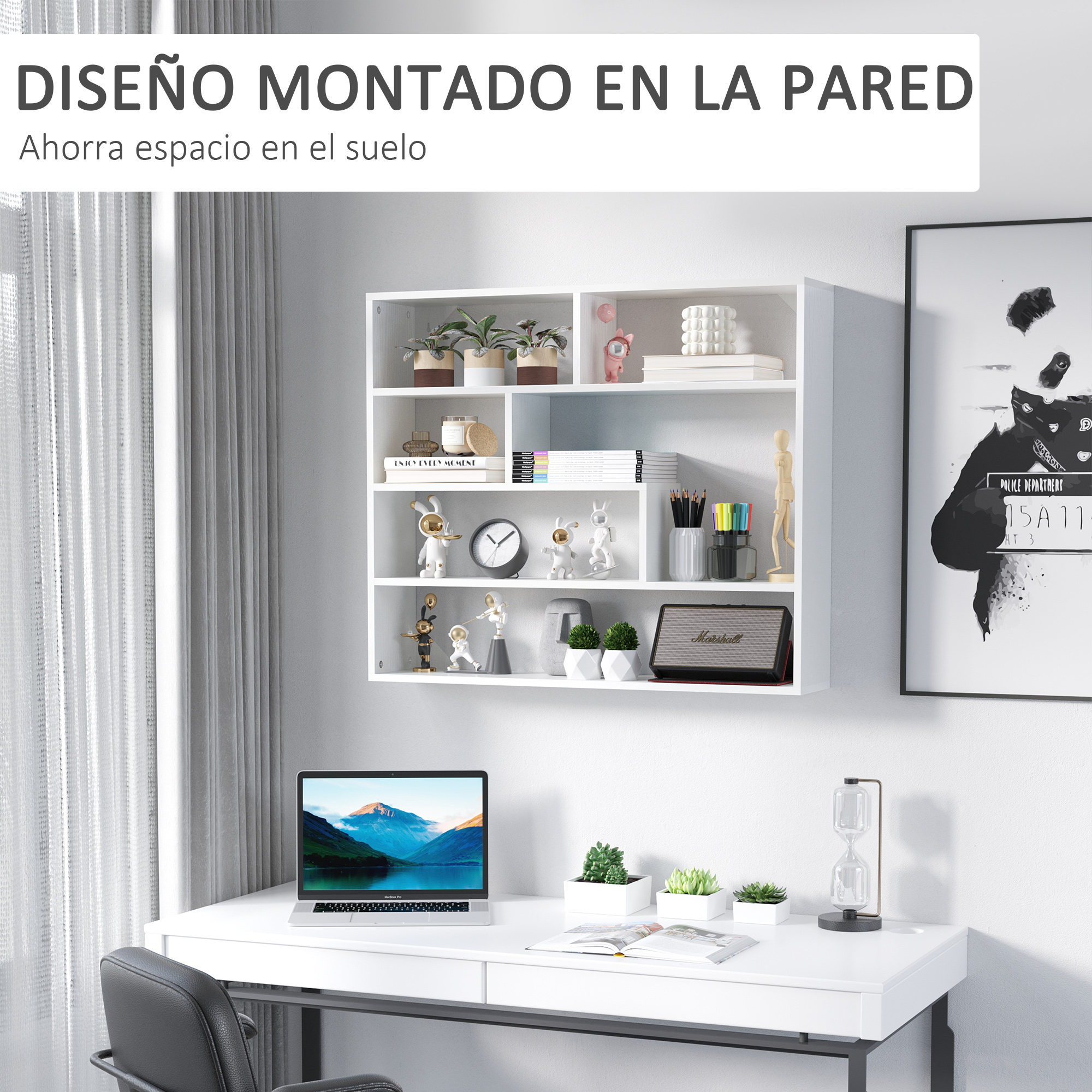Un estante de pared blanco con decoración, plantas y un portátil sobre un escritorio.