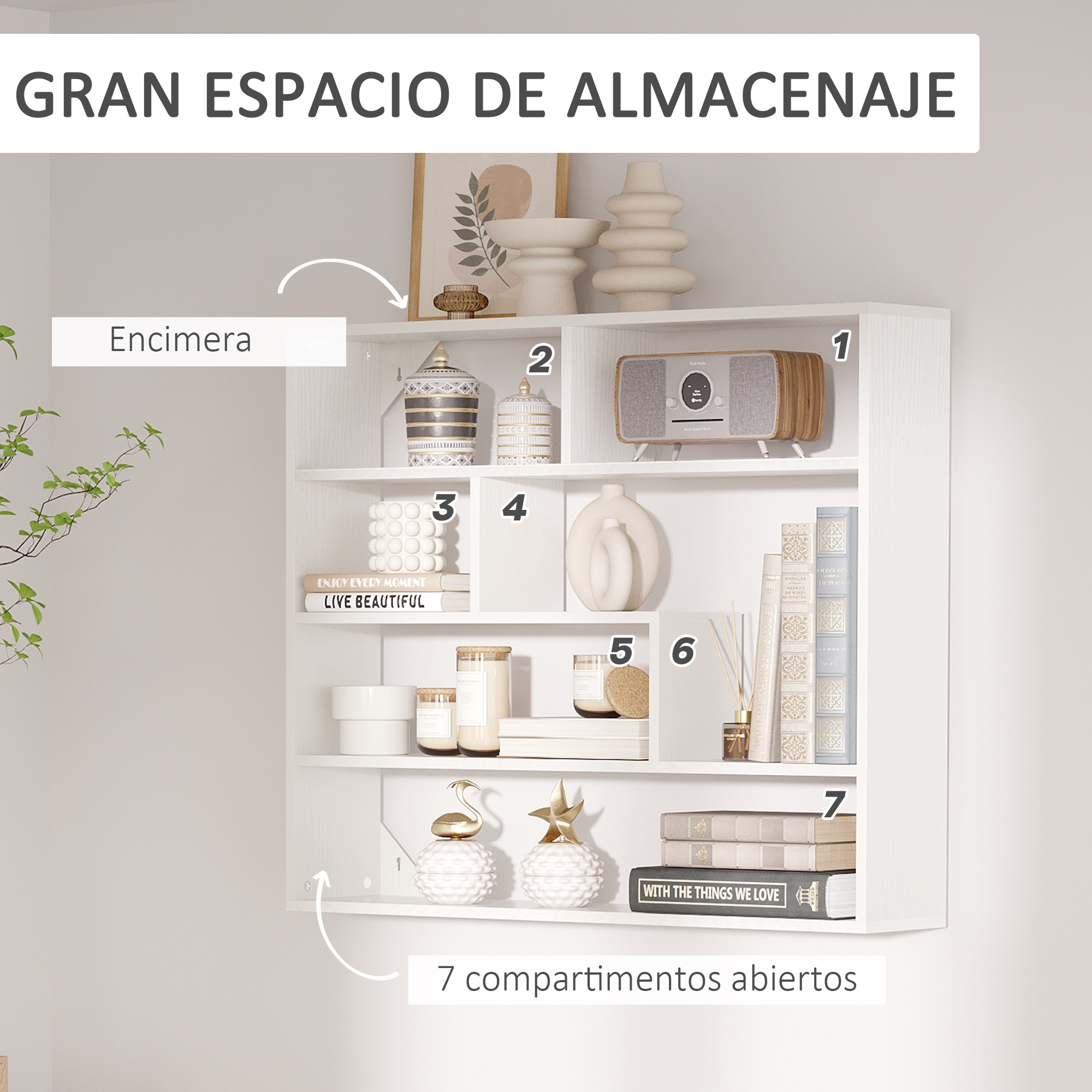 Un estante blanco con 7 compartimentos decorado con jarrones, libros y velas.