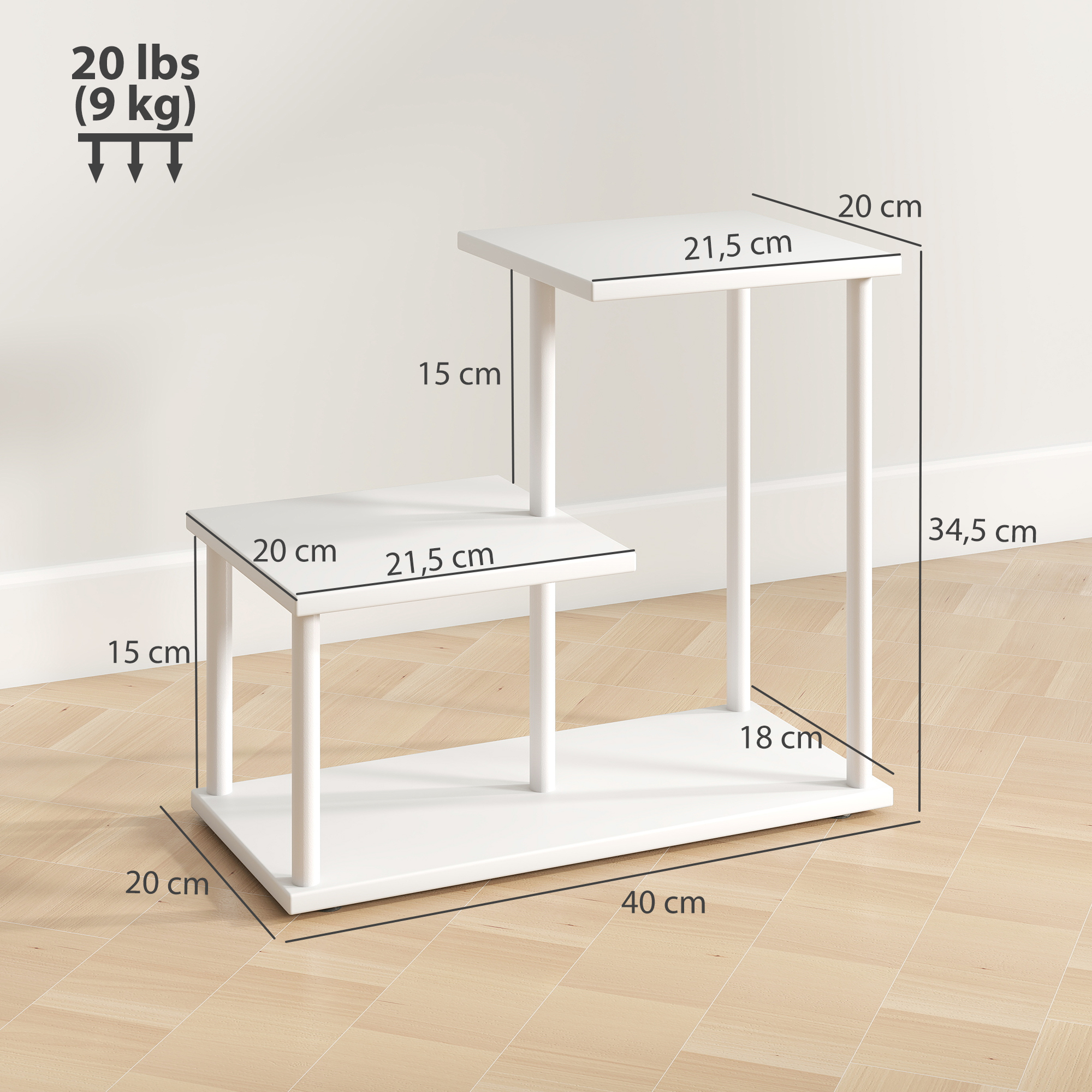Mesa auxiliar blanca de dos niveles con dimensiones y peso.