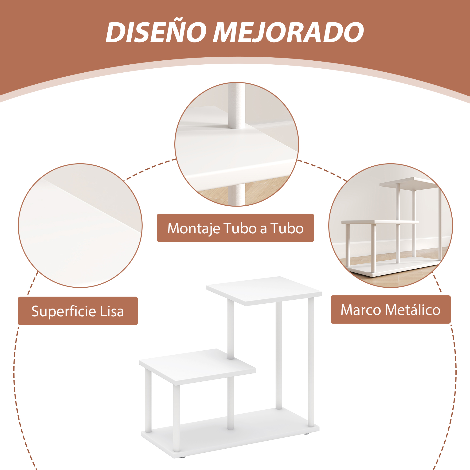 Un estante blanco de varios niveles con superficies lisas y marco metálico.