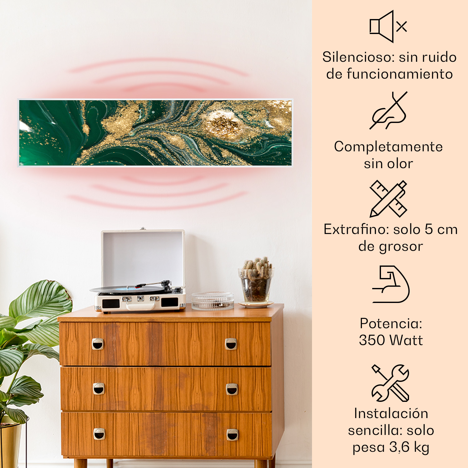 Un pannello riscaldante con motivo marmorizzato sopra una cassettiera con giradischi.