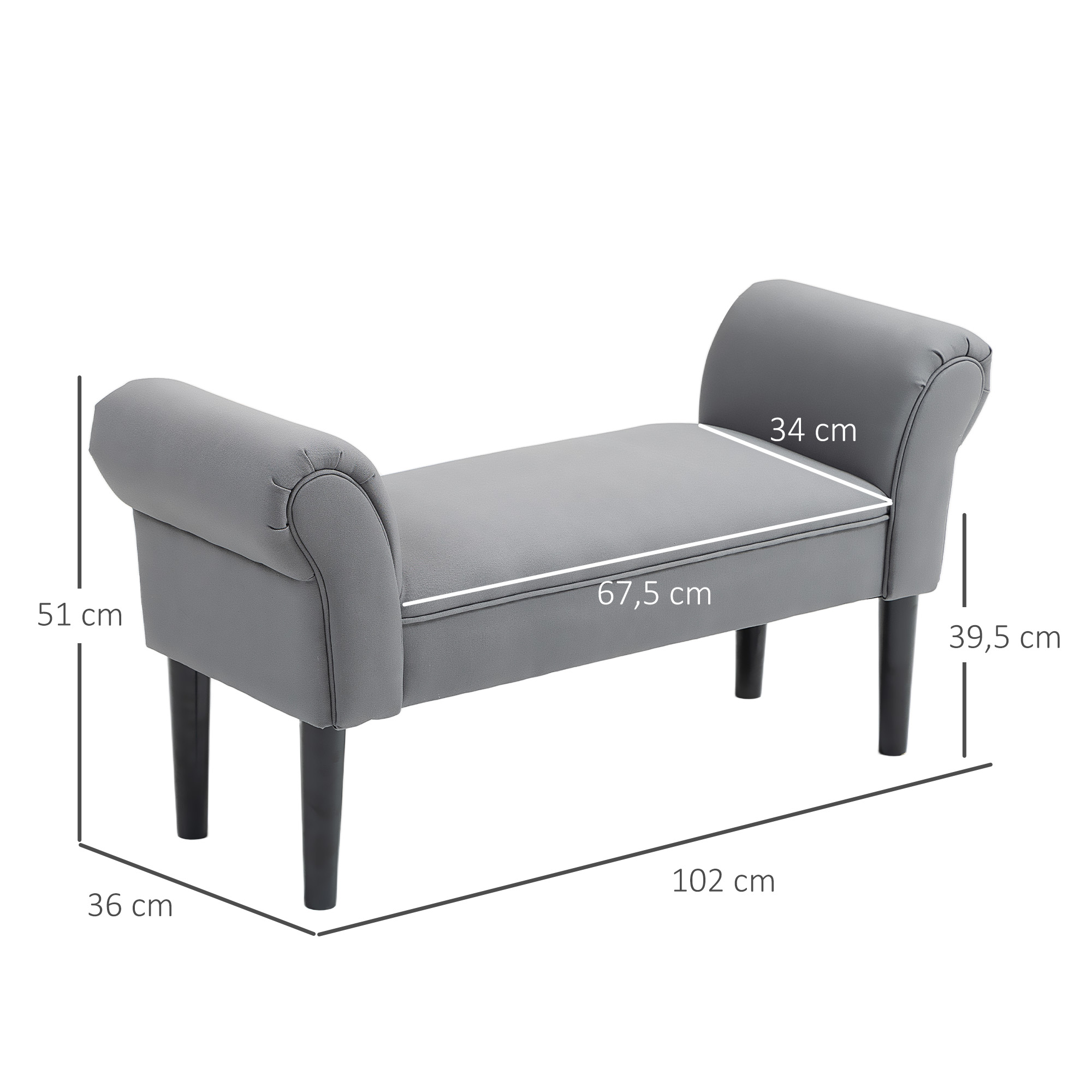 Banco tapizado gris con cuatro patas negras y dimensiones.
