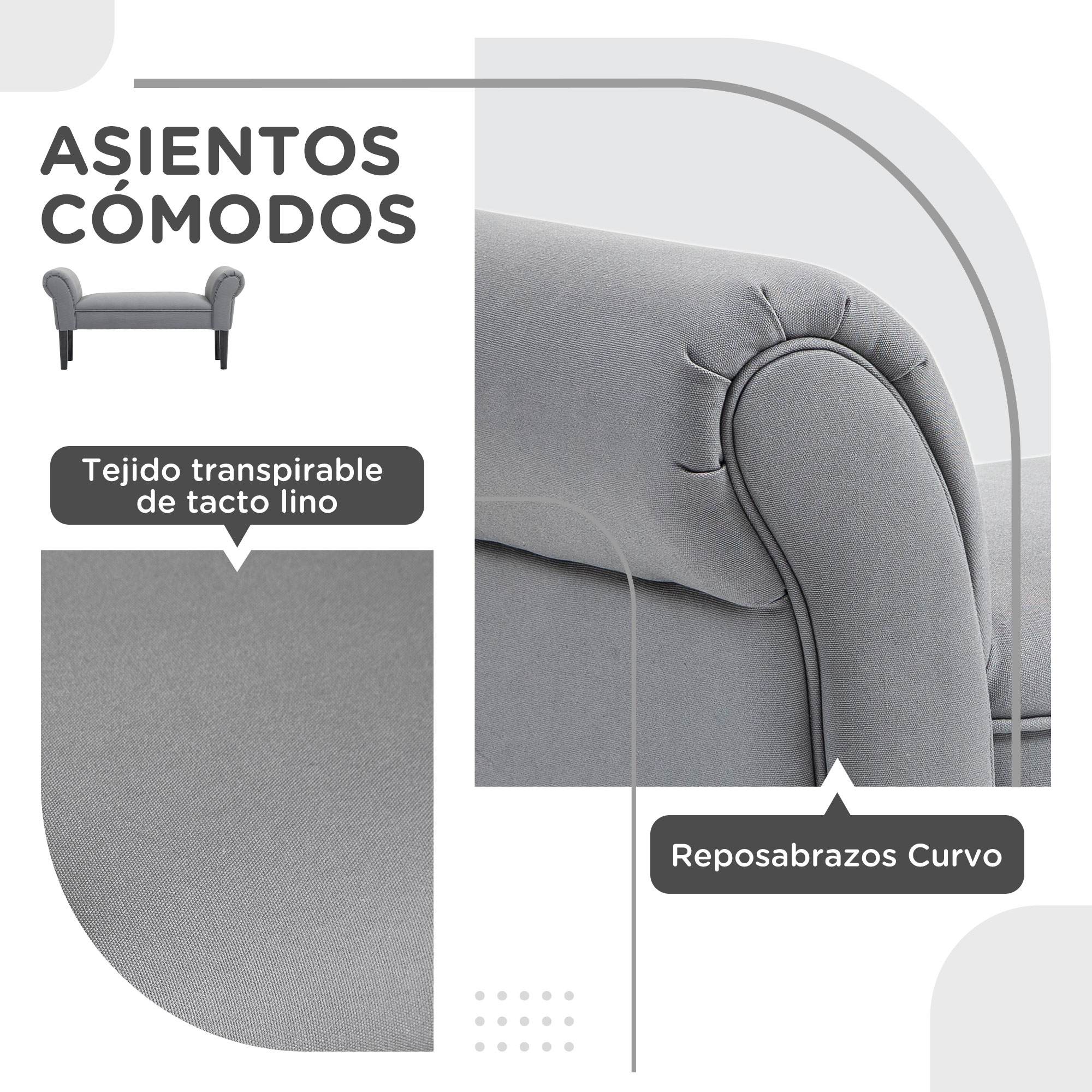 Otomana de tela gris con brazos capitoné y textura detallada de tela.