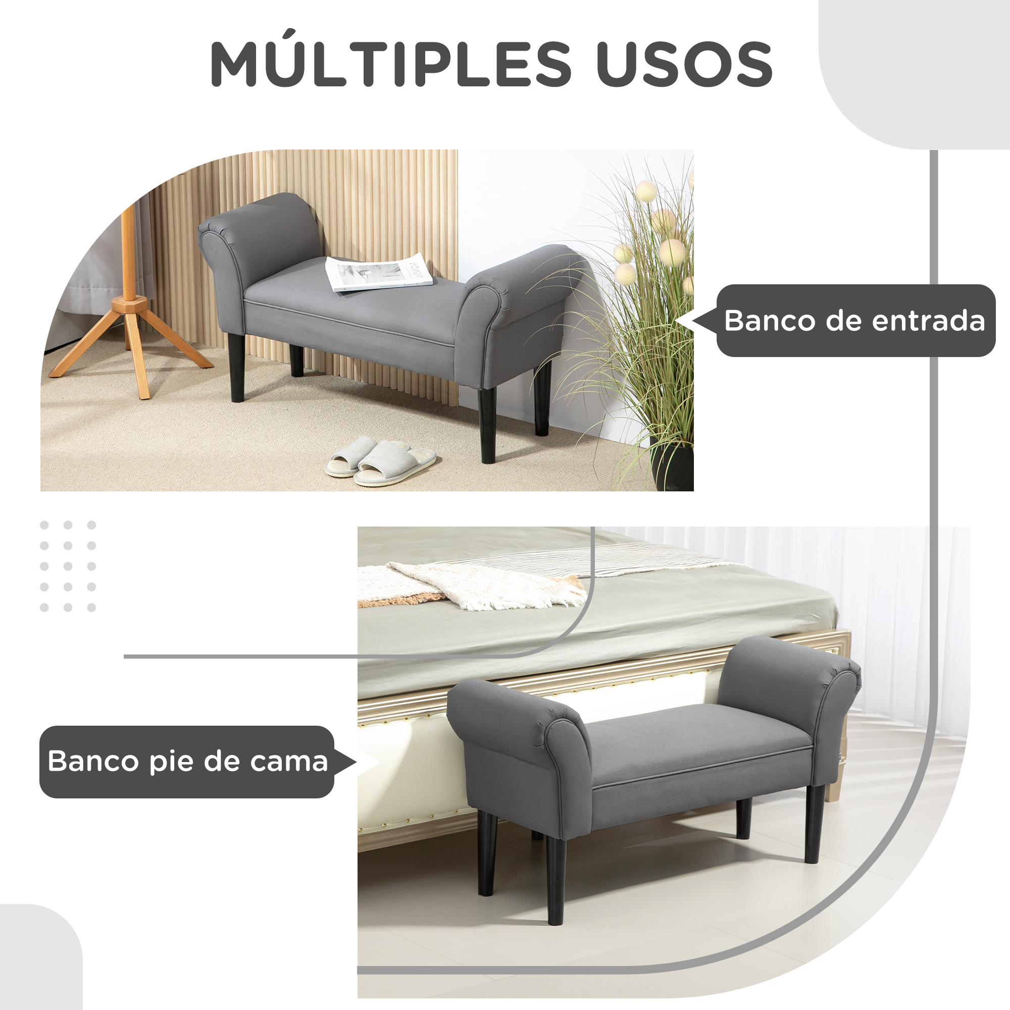 Un sofá gris mostrado como mueble de entrada y al pie de una cama.