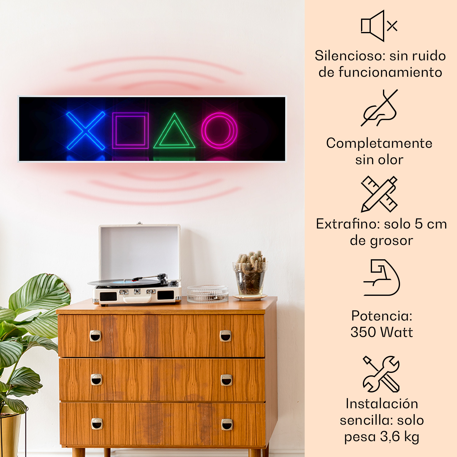 Neonlichter X, Quadrat, Dreieck, Kreis über einer Holzkommode mit Plattenspieler.