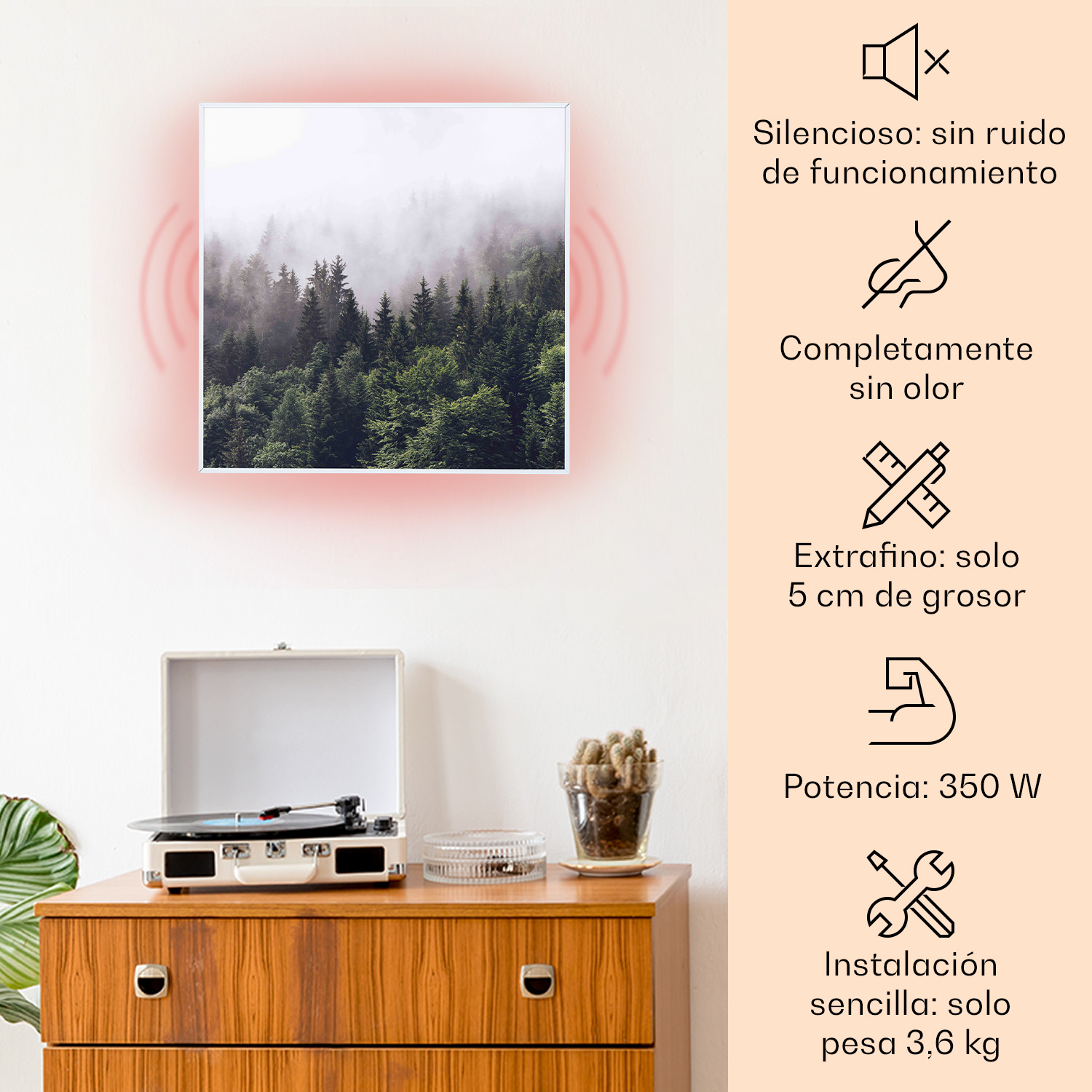 Un pannello riscaldante con motivo forestale è appeso sopra una cassettiera con giradischi.