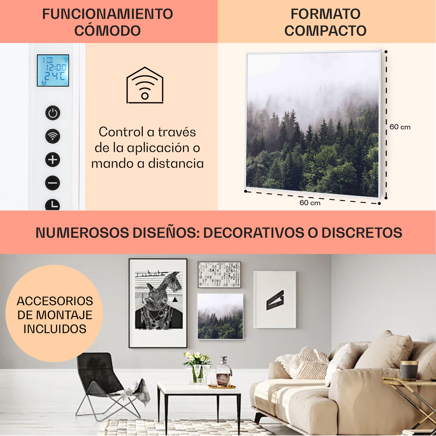 Pannello di controllo riscaldatore con controllo app e immagine di riscaldatore.