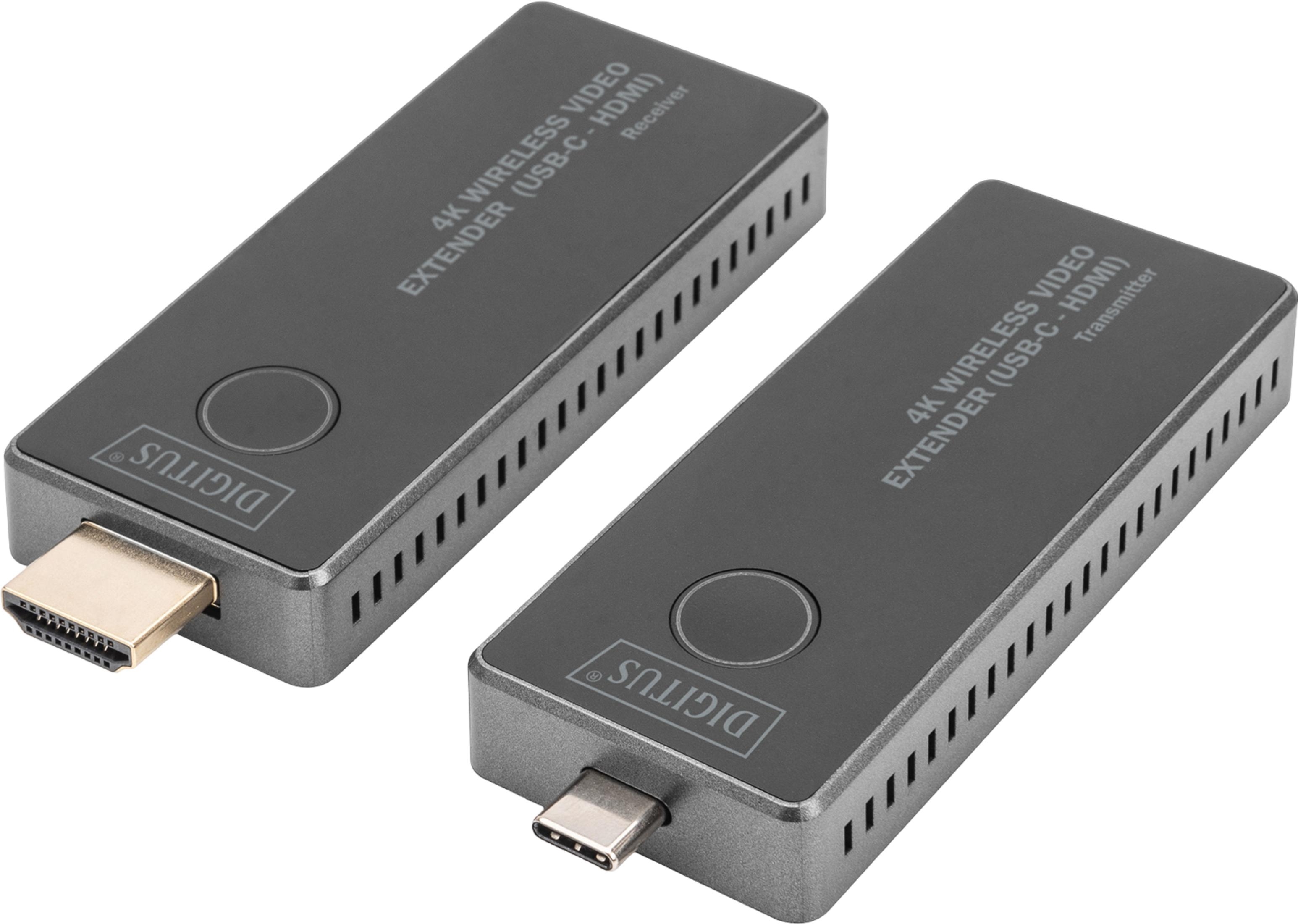 Due extender video wireless 4K grigi, un trasmettitore e un ricevitore, con USB-C e HDMI.