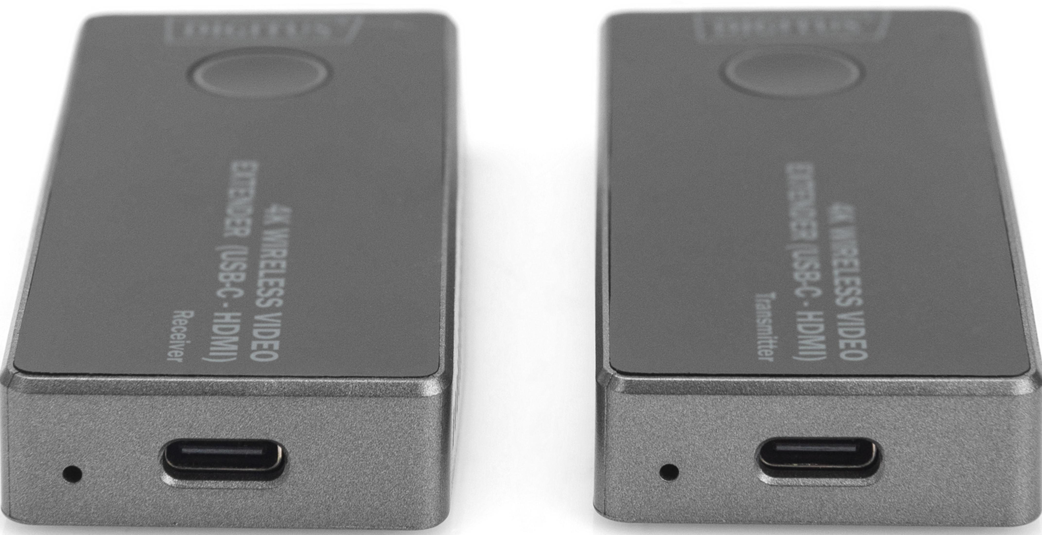 Due extender video wireless 4K grigi, trasmettitore e ricevitore, con porta USB-C.