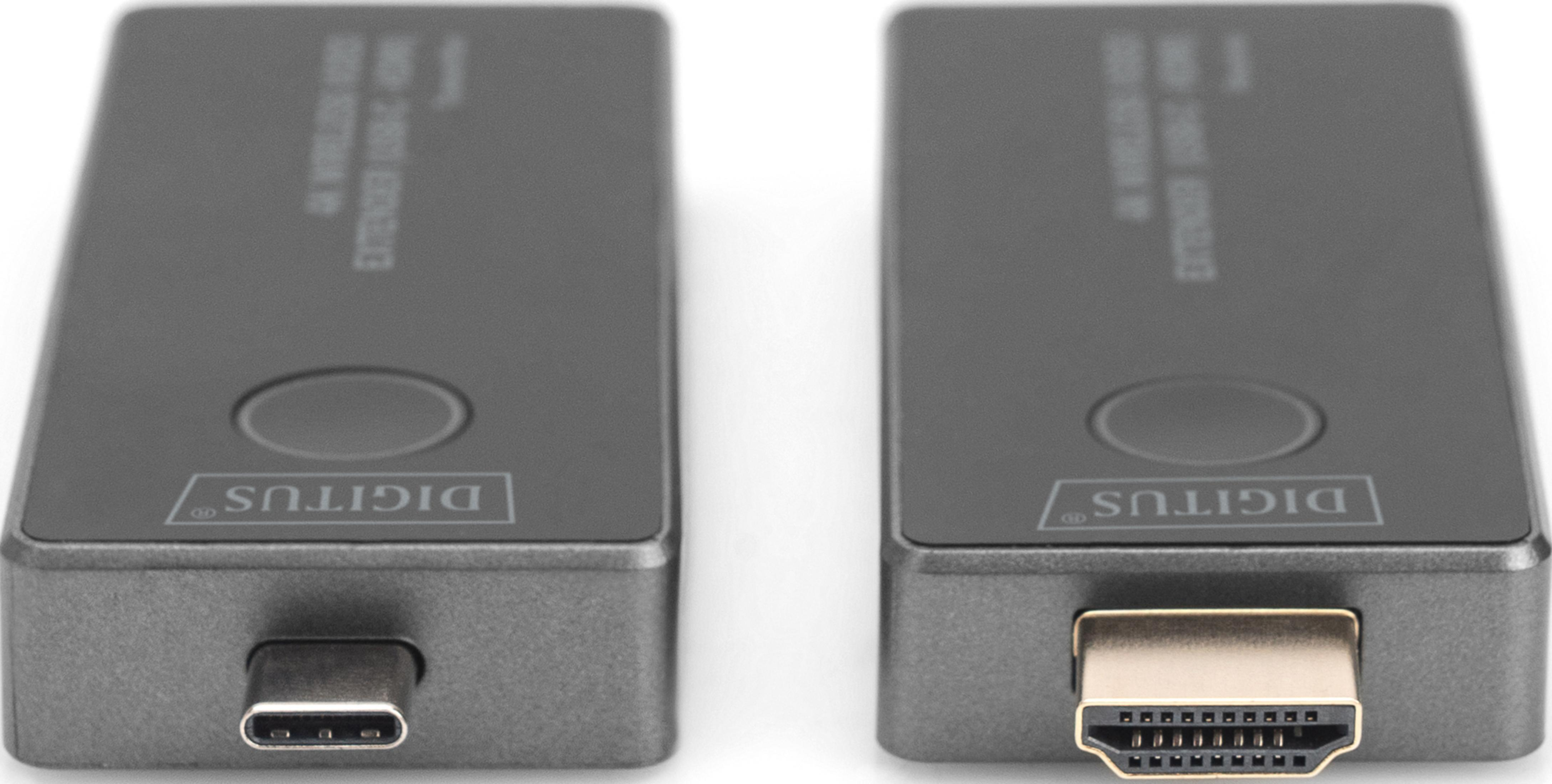 Due estensori HDMI wireless grigio scuro. Uno ha USB-C, l'altro porta HDMI.