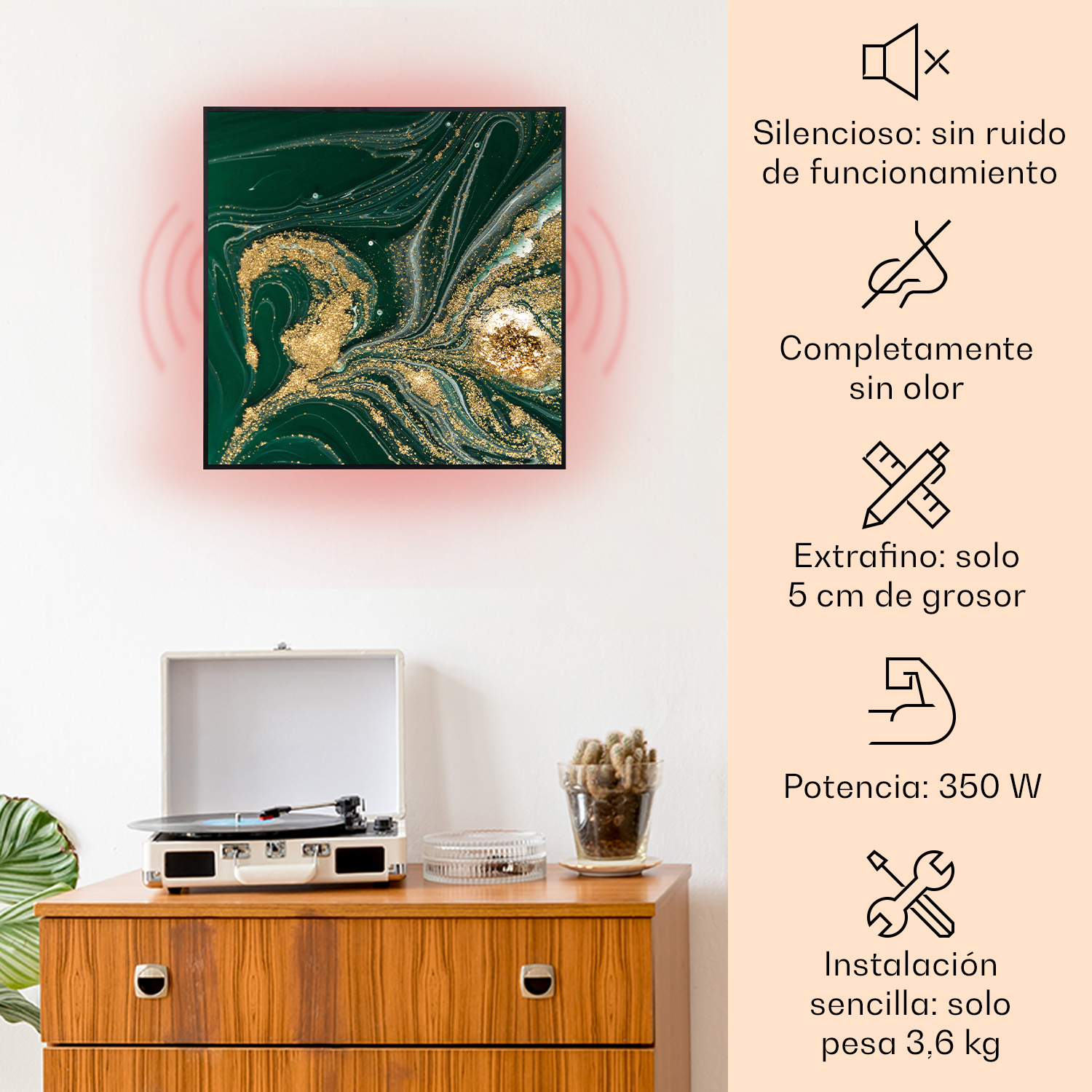 Opera d'arte decorativa con motivo marmorizzato verde e oro, caratteristiche prodotto.