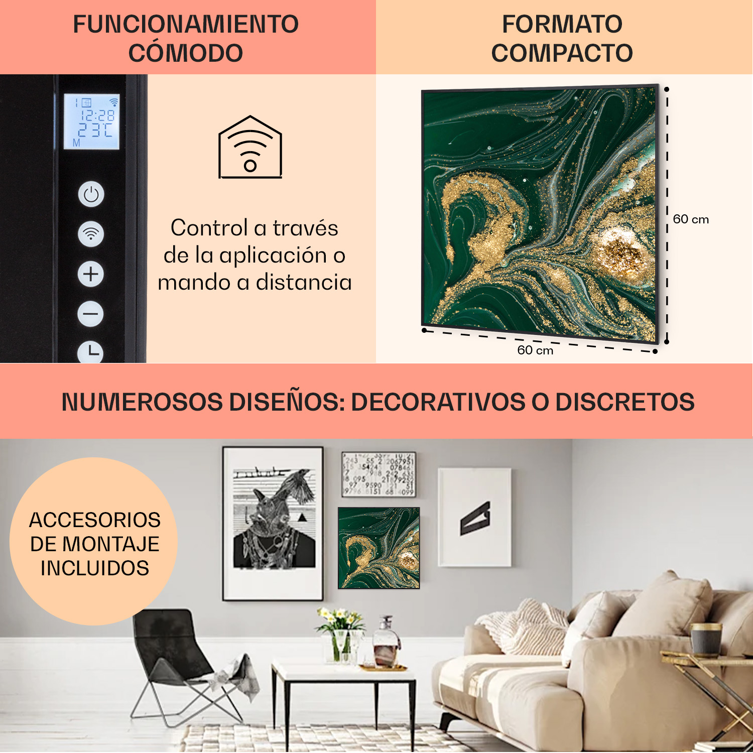 Vengono mostrati un display del radiatore, arte e decorazioni per il soggiorno.