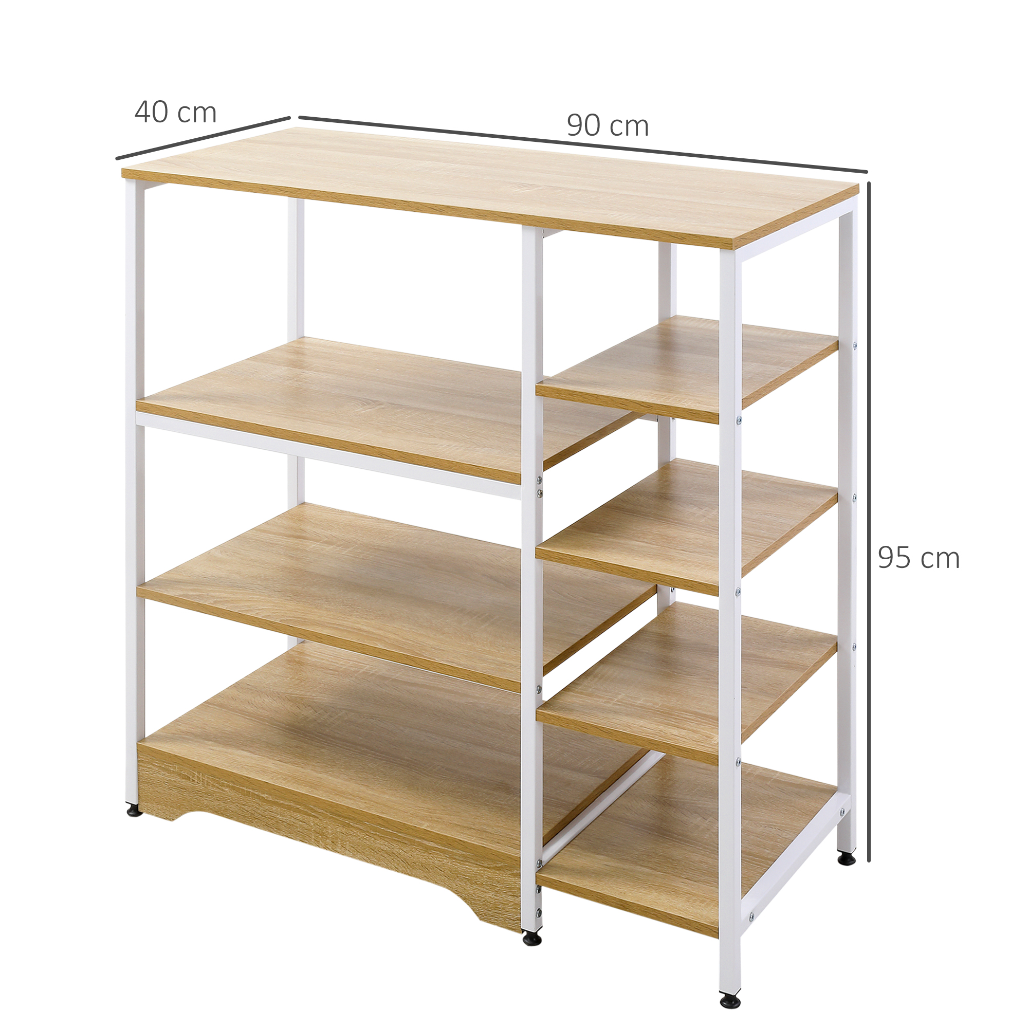 Un estante de 5 niveles con estantes efecto madera y marco de metal blanco.