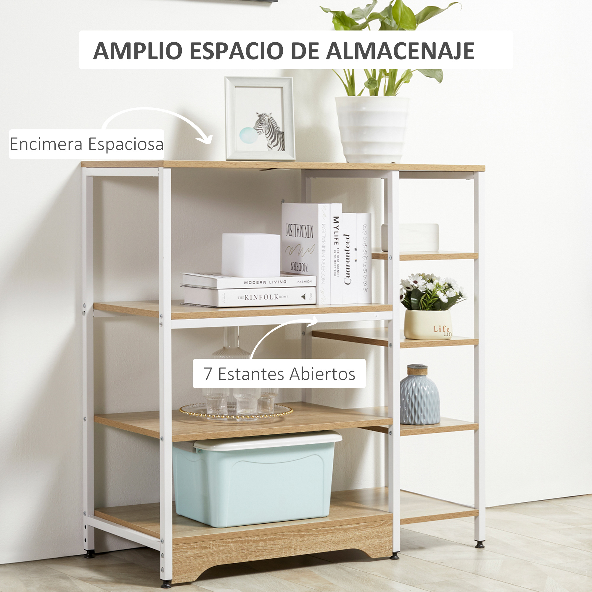 Un estante blanco con baldas de madera, mostrando libros, plantas y decoración.