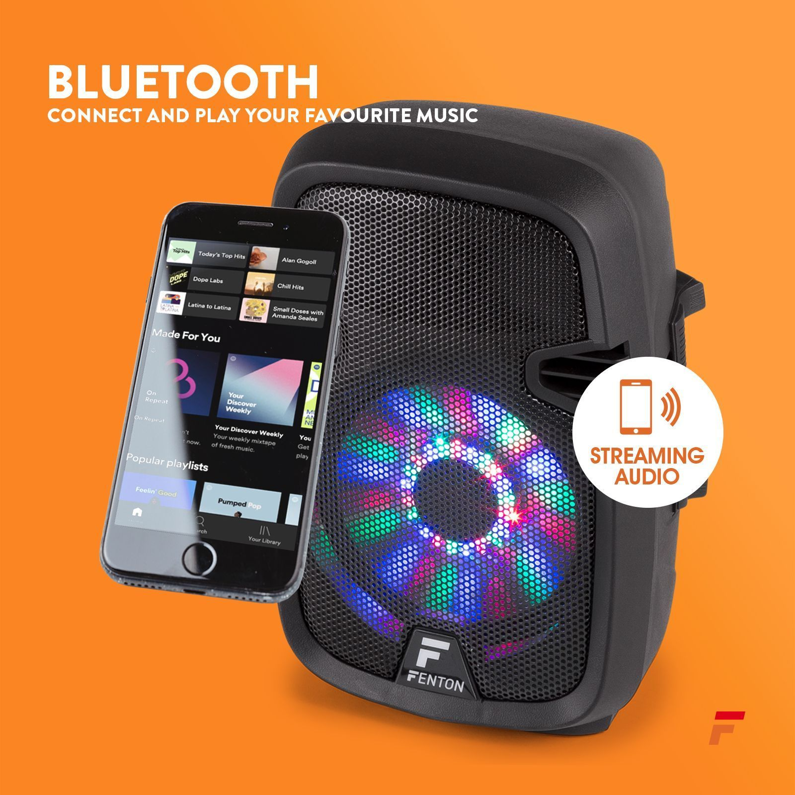Uno smartphone mostra app musicali accanto a un altoparlante nero con luci colorate.