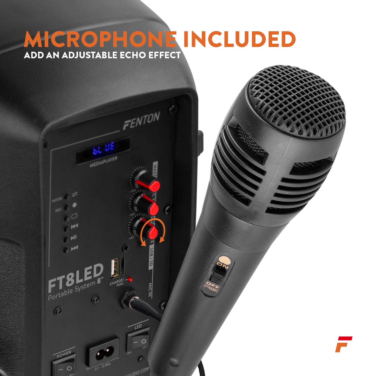 Altoparlante portatile Fenton FT8LED nero con microfono e controlli.