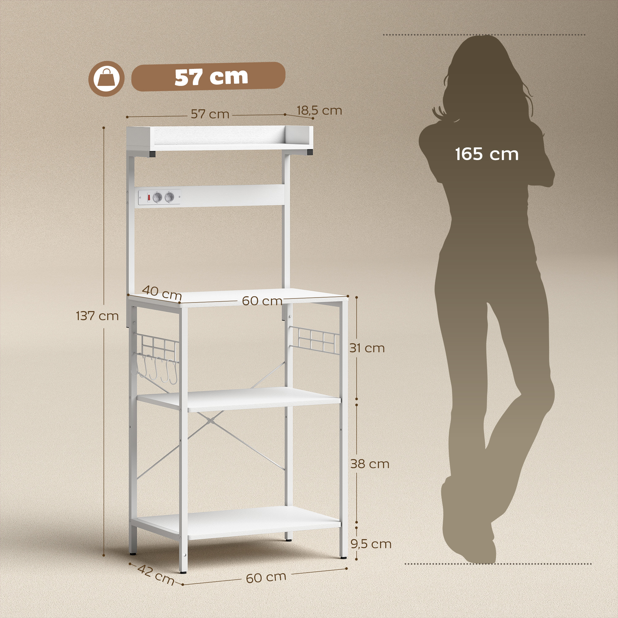 Estante de cocina blanco con dimensiones y silueta de persona.