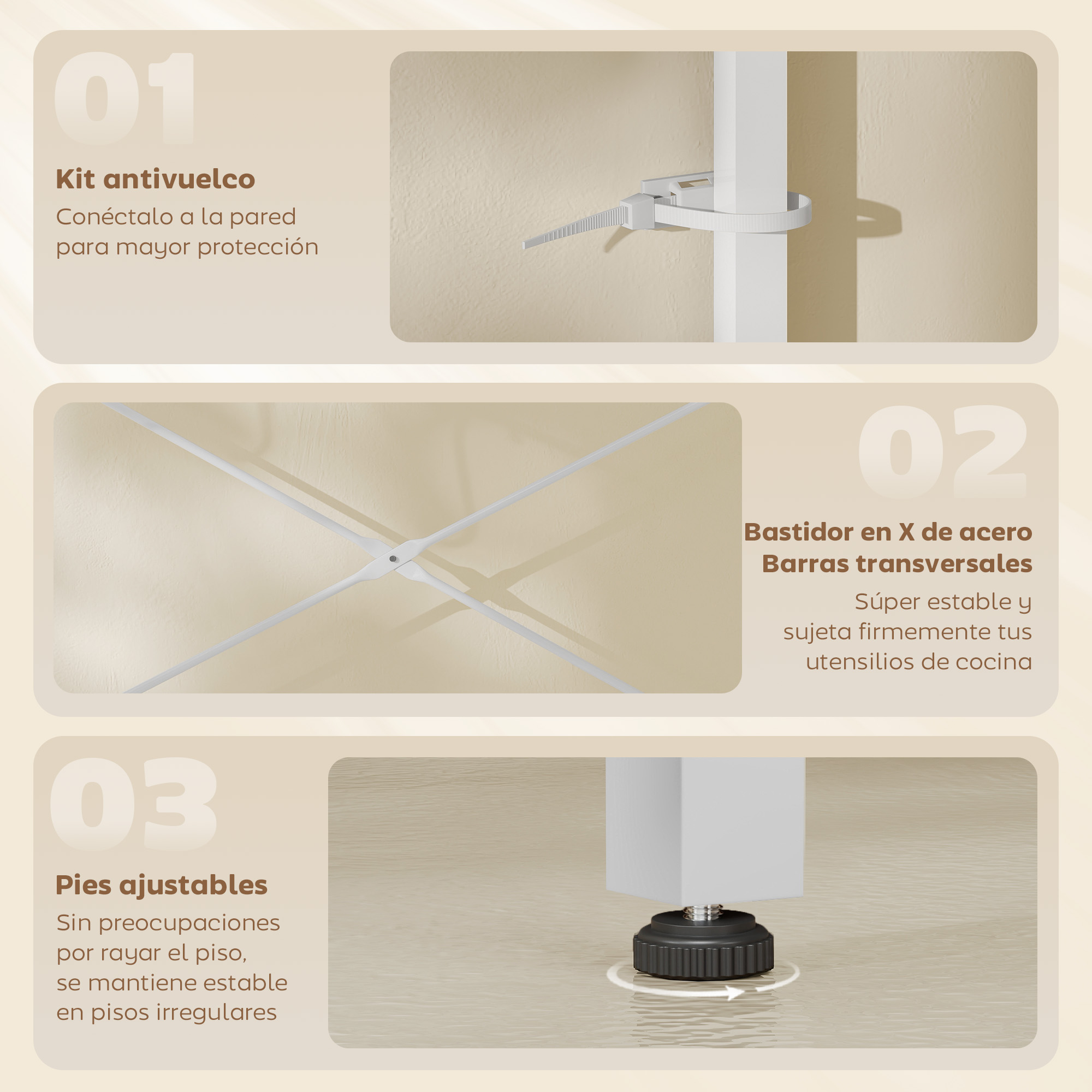 Imagen muestra tres componentes de estante de cocina blancos: kit antivuelco, marco en X y pies.