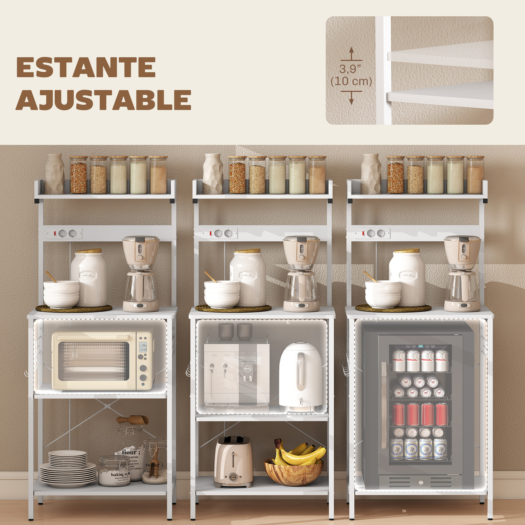 Tres estantes de cocina con electrodomésticos: microondas, cafetera, hervidor, tostadora, mini-nevera.