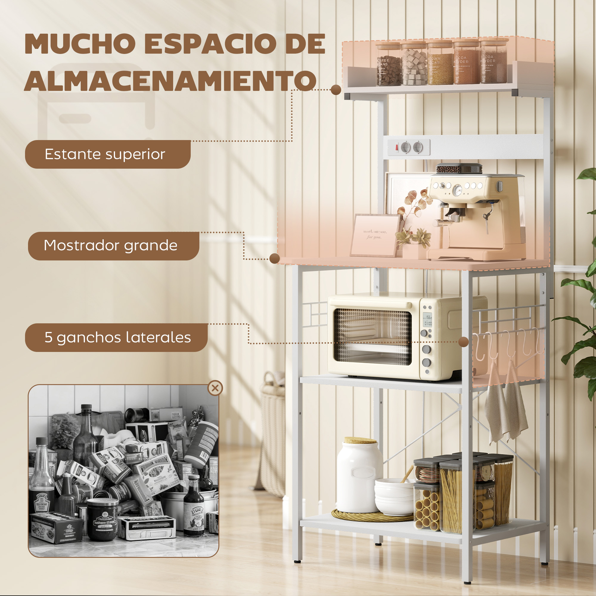 Un estante de cocina blanco con cafetera, microondas, frascos y alimentos.