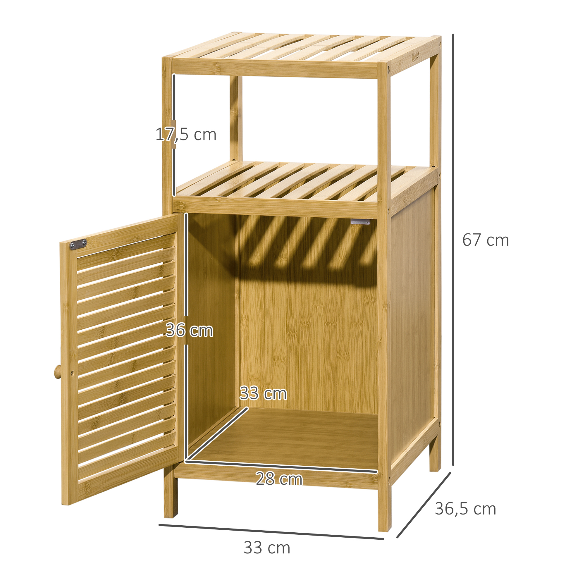Un mueble de madera con estantes abiertos y una puerta, se muestran las dimensiones.