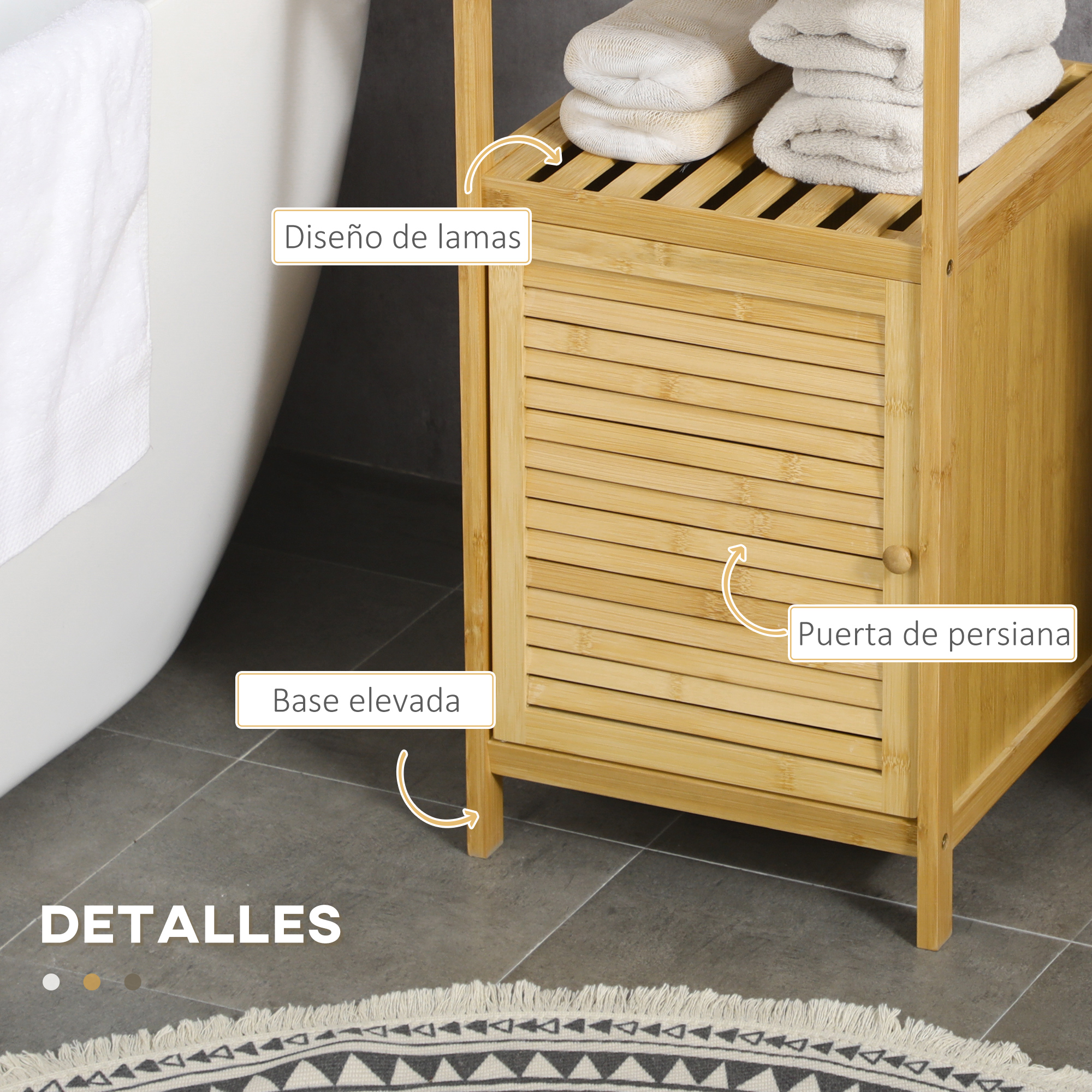 Un mueble de baño de bambú con puerta de lamas y estante con toallas.