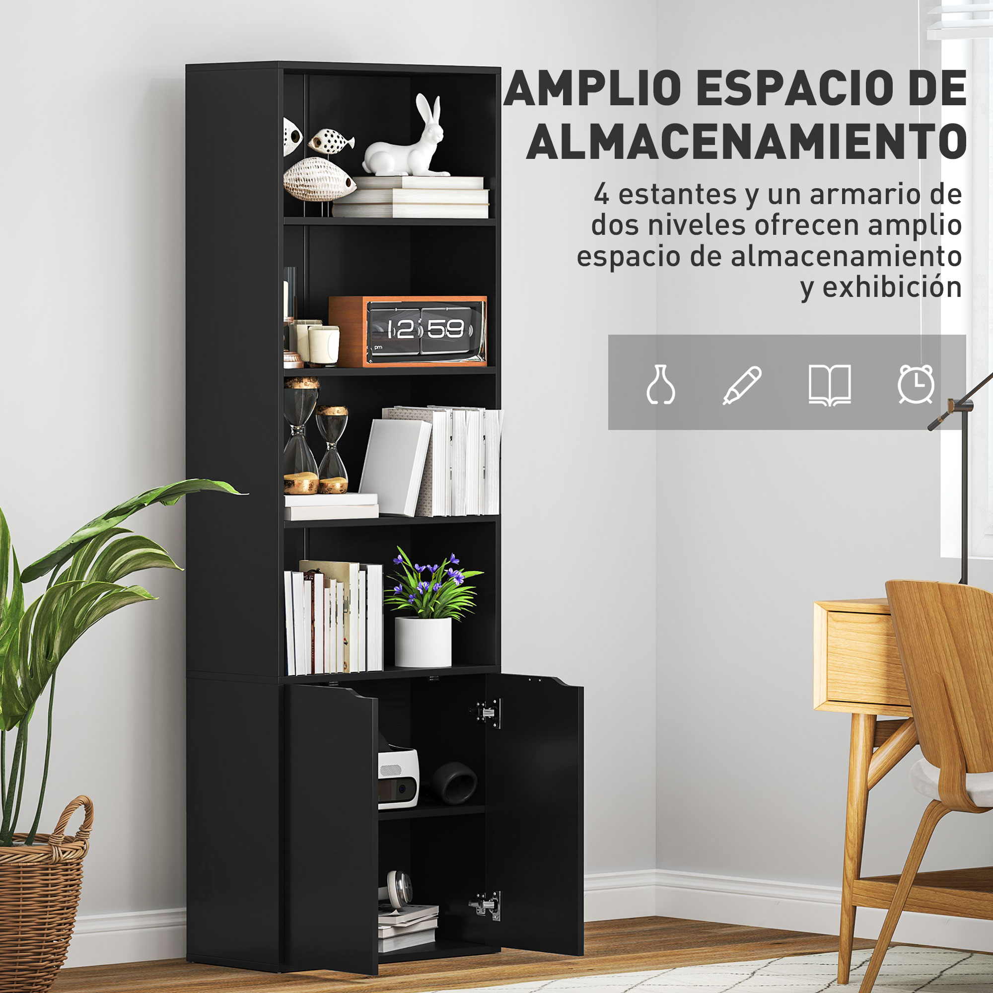 Estantería negra con libros, adornos y reloj flip. Dos puertas abajo.