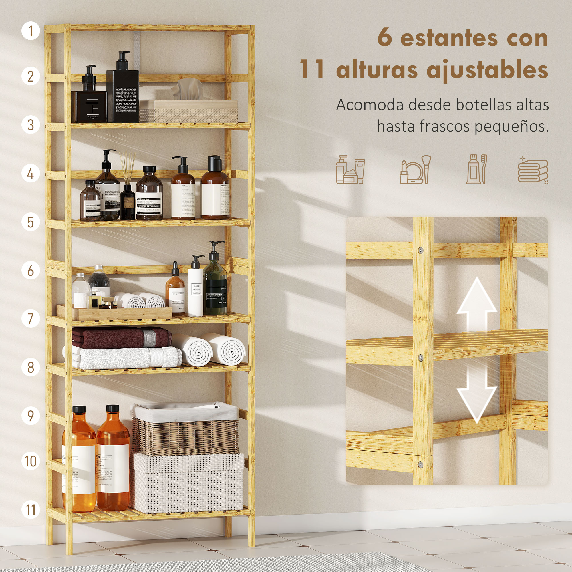 Estantería alta de madera con 11 estantes ajustables, con botellas y toallas.