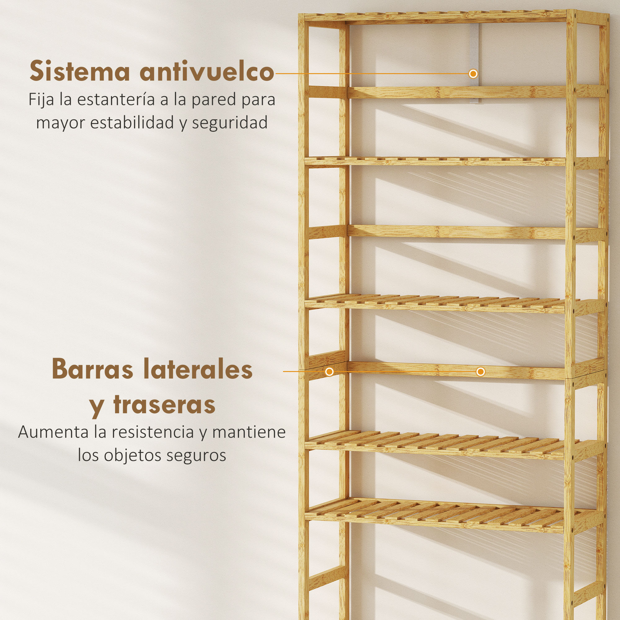 Un estante de madera de varios niveles contra una pared blanca.