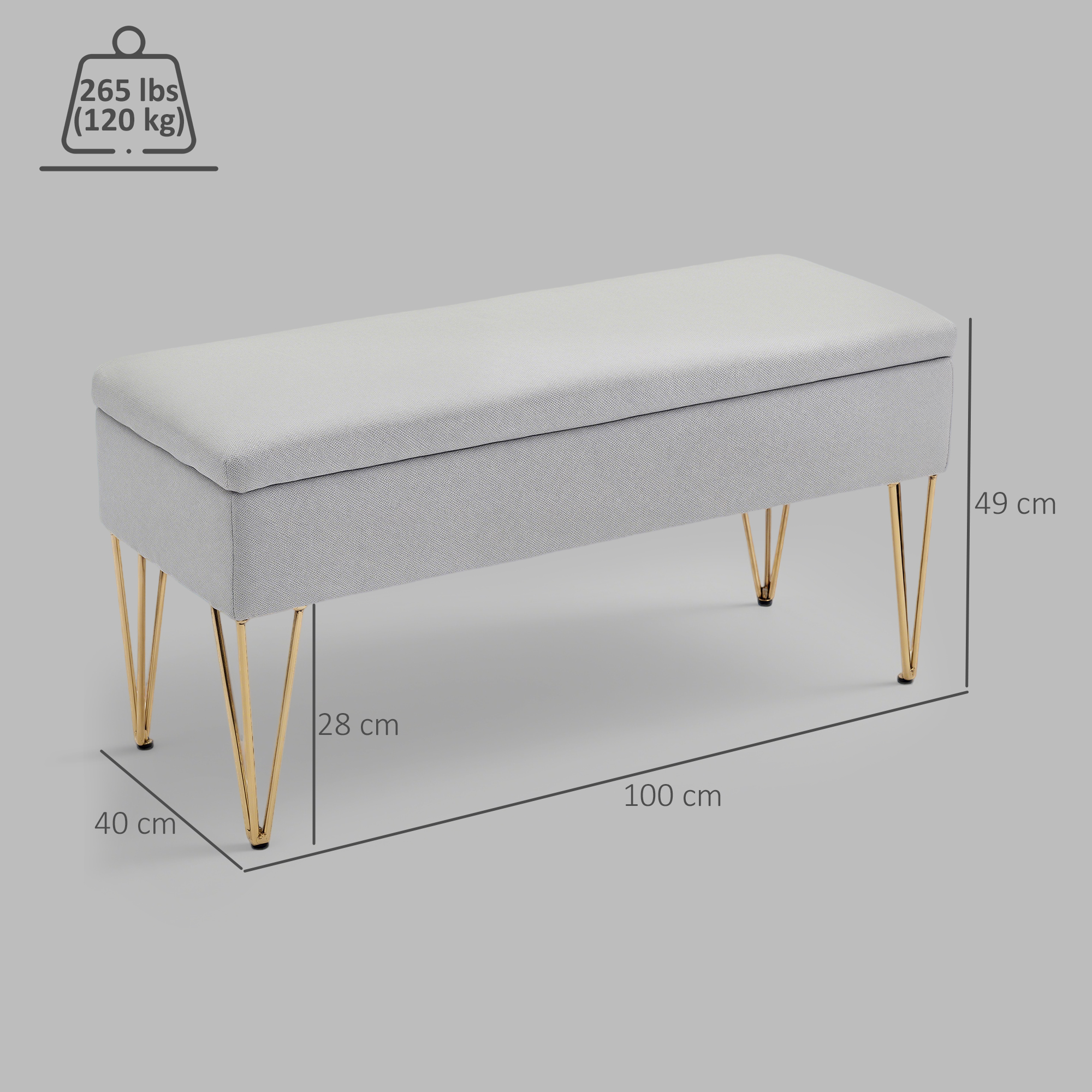 Panchina contenitore grigia con gambe dorate a forcina, 100x40x49cm.