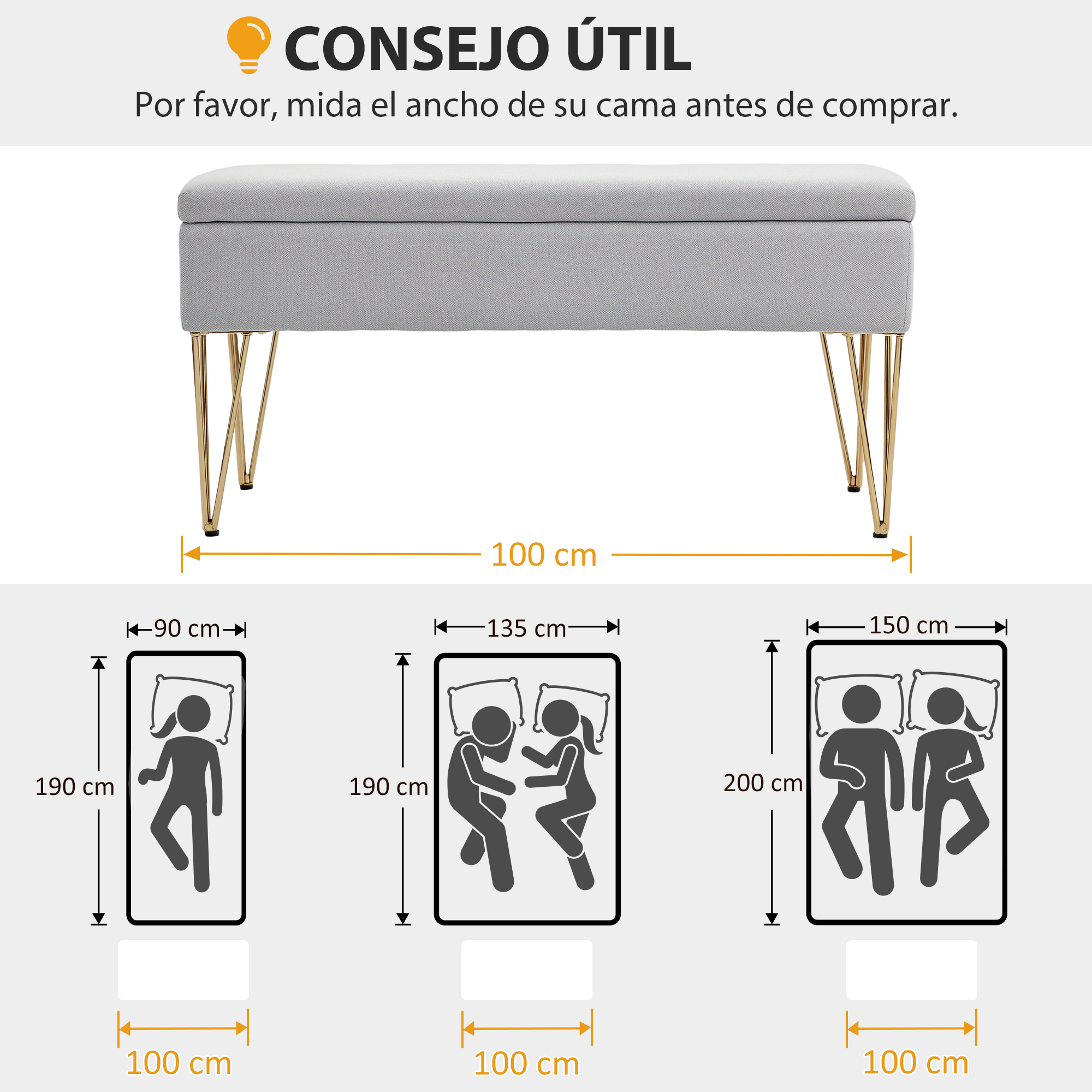 Banco gris con patas doradas, muestra tamaños de cama para 1, 2 o 3 personas.