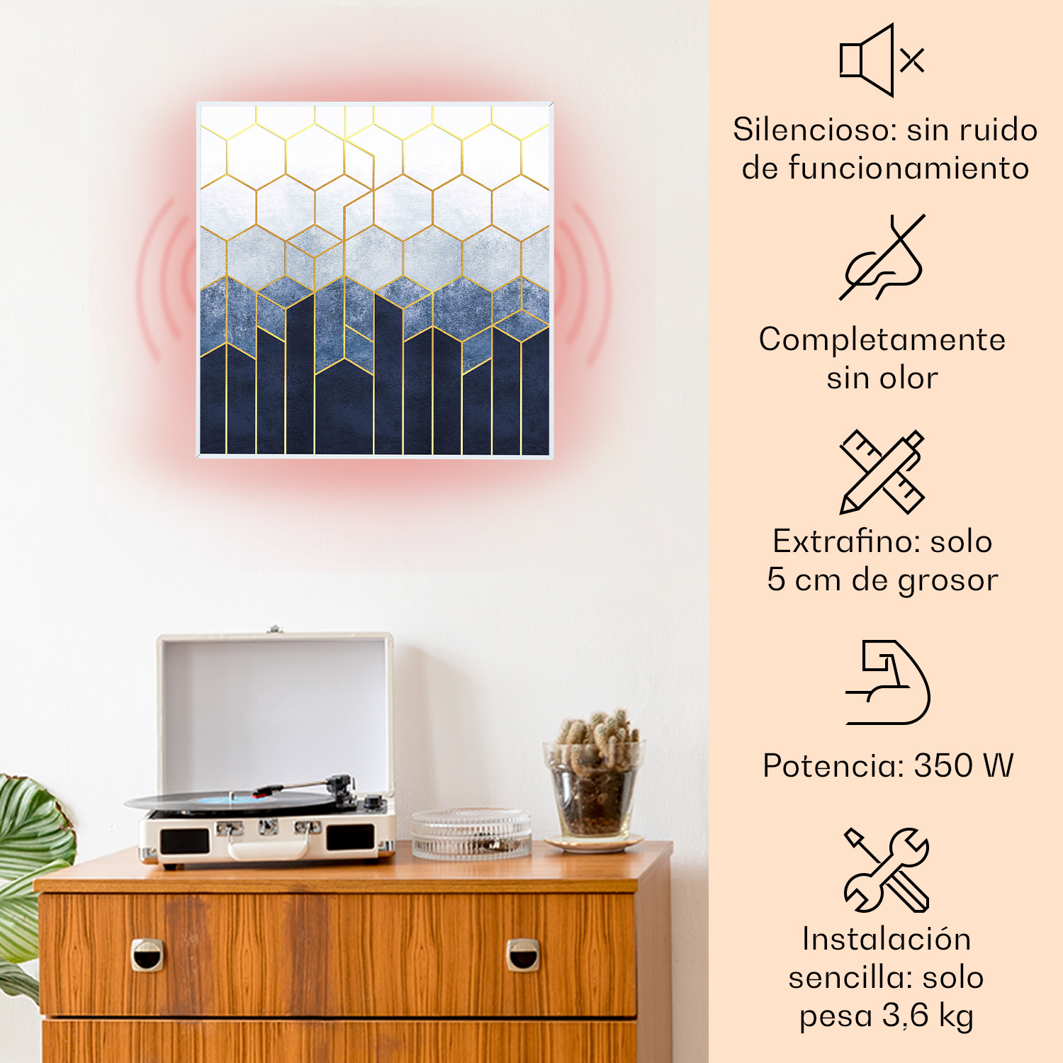 Un pannello riscaldante con motivo geometrico e specifiche tecniche.