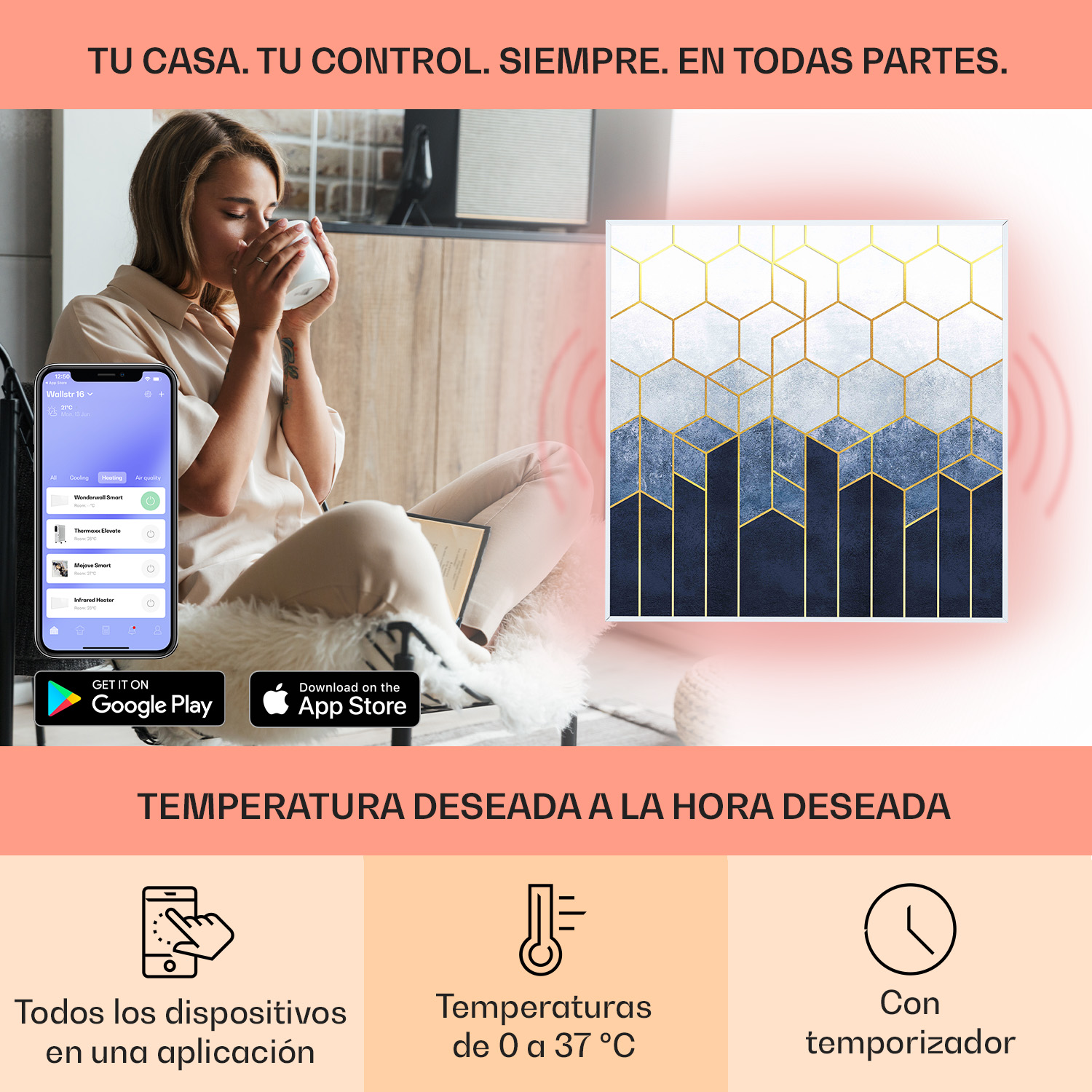 Donna beve tè, smartphone con app riscaldamento, pulsanti app store, opera d'arte, testo su temp.