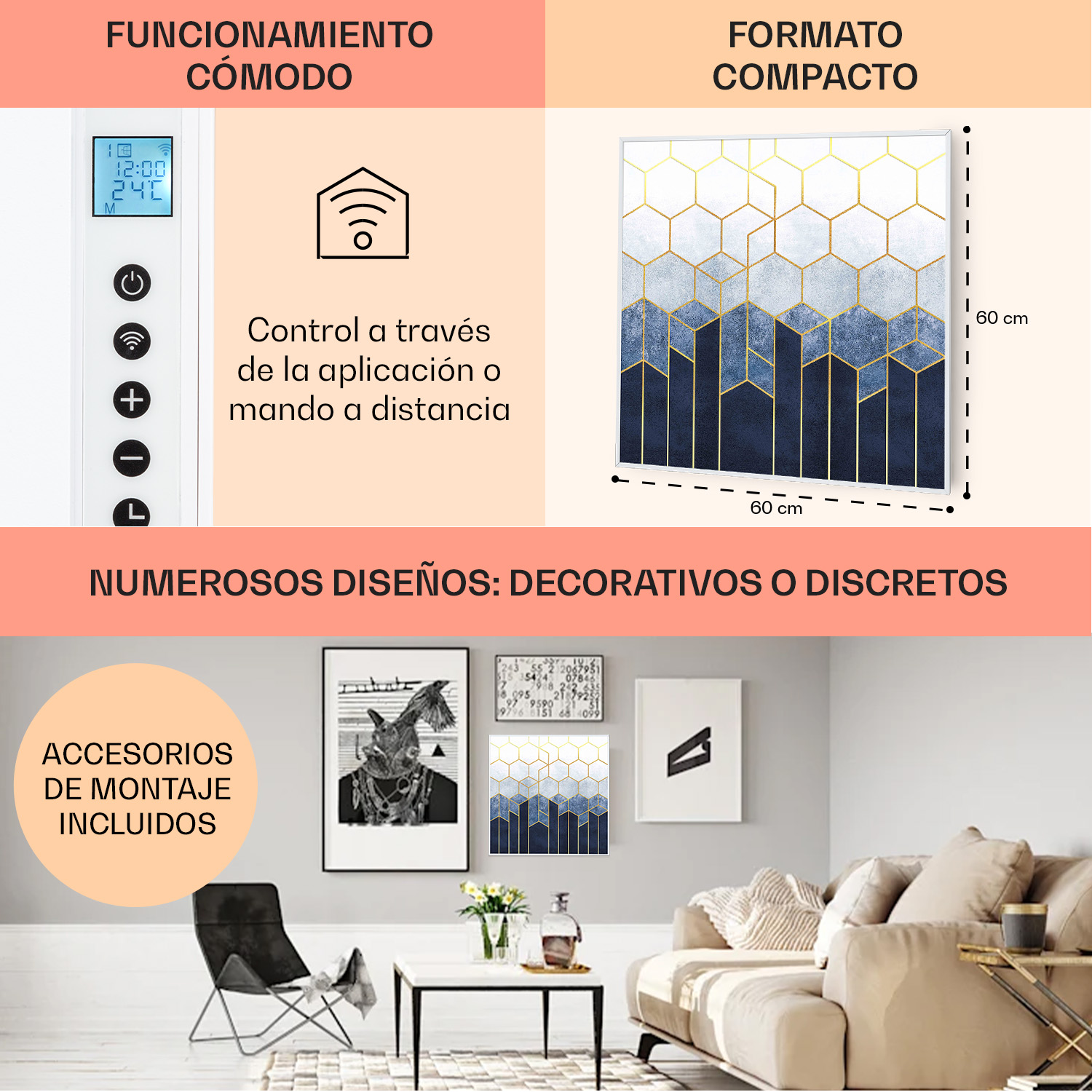 Stufa compatta con controllo digitale e design di arte murale.