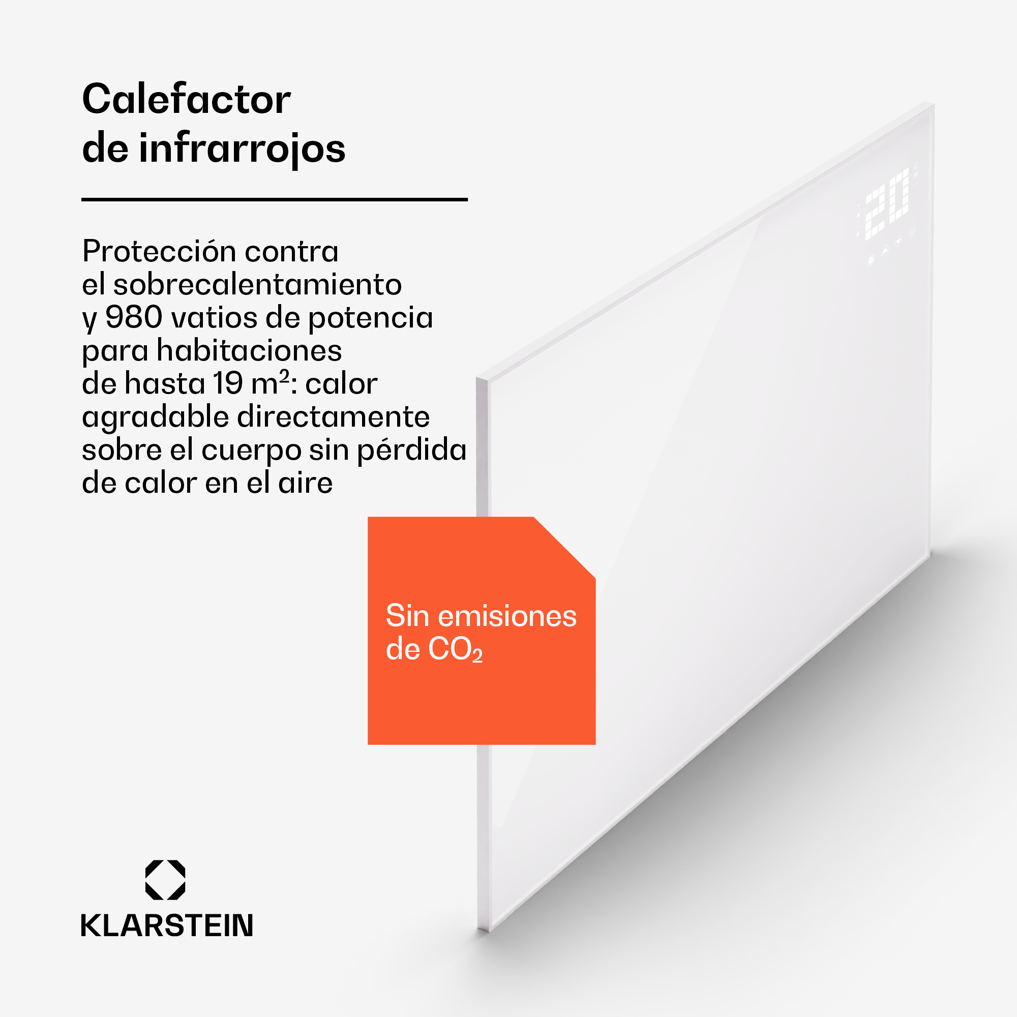 Ein weißer Infrarot-Heizer mit 980W Leistung, digitaler Anzeige und orangefarbenem Aufdruck.