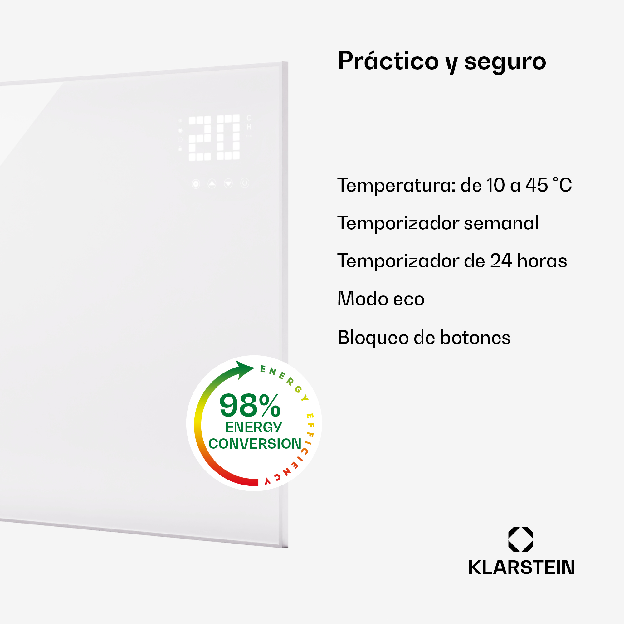 Weißes Heizgerät mit digitaler Anzeige, 98% Energieeffizienz-Logo, Klarstein-Logo.