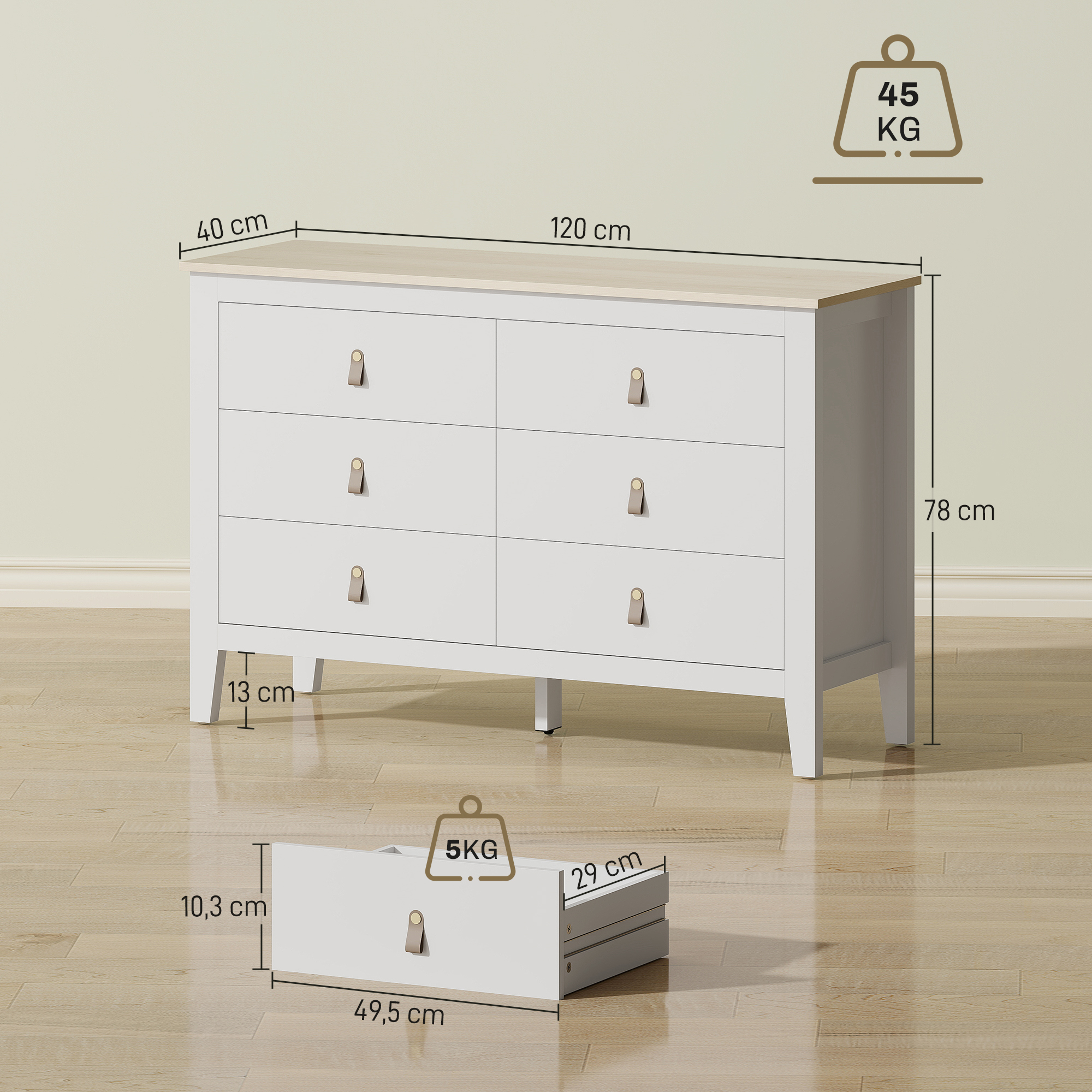 Cómoda blanca de seis cajones con tapa de madera. Dimensiones: 120x40x78cm.
