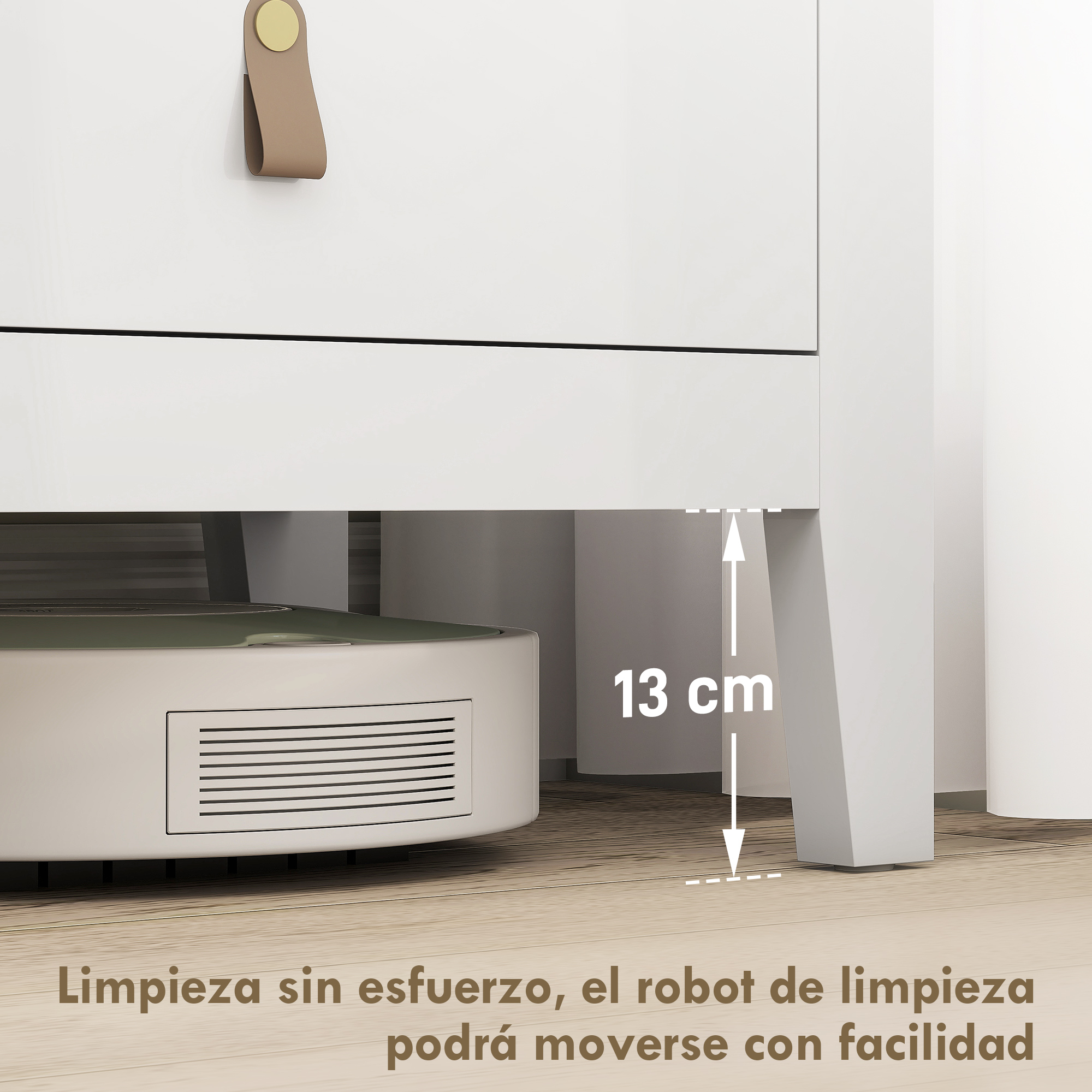 Un robot aspirador bajo mueble blanco, 13cm de espacio.