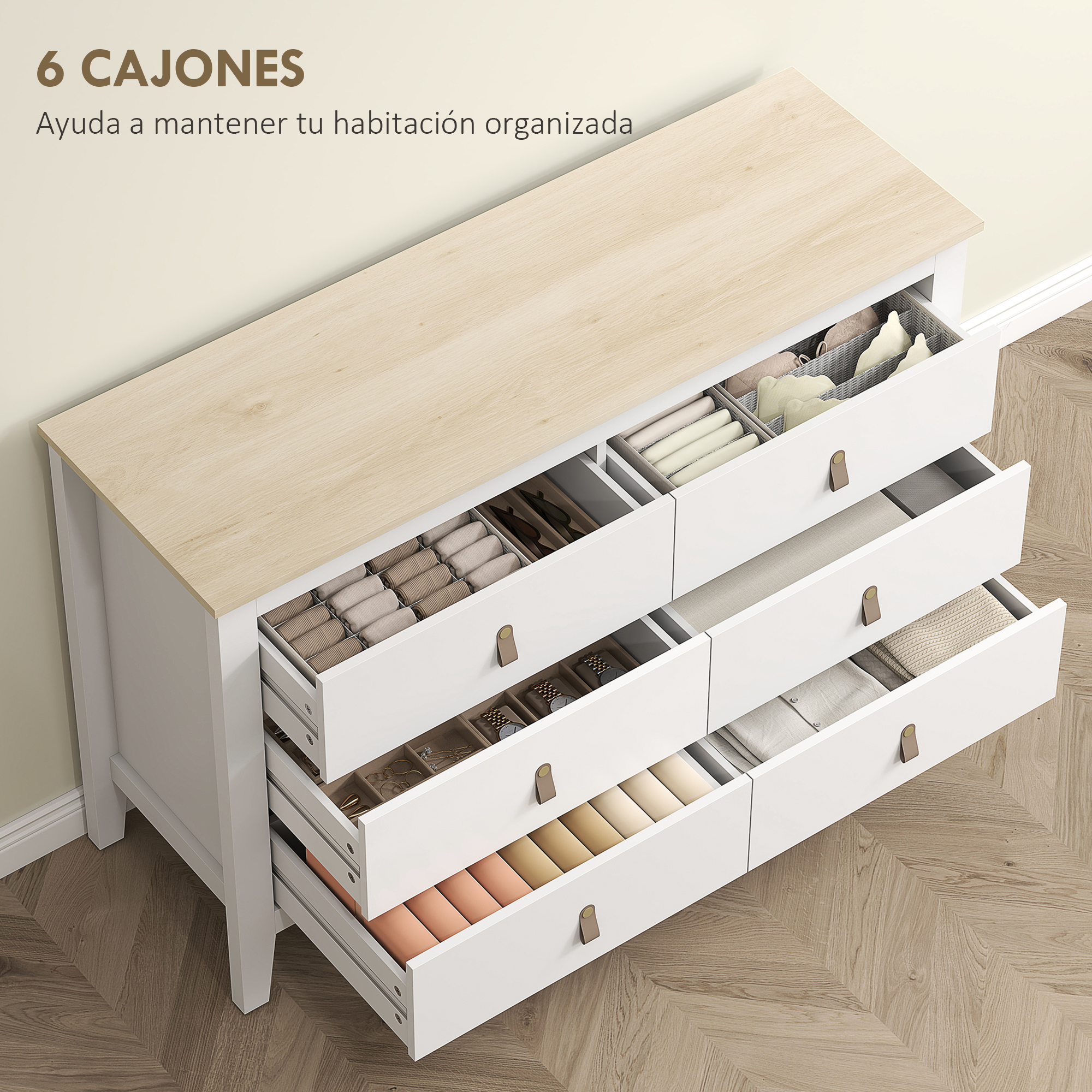 Cómoda blanca de seis cajones con tapa de madera, llena de ropa organizada.