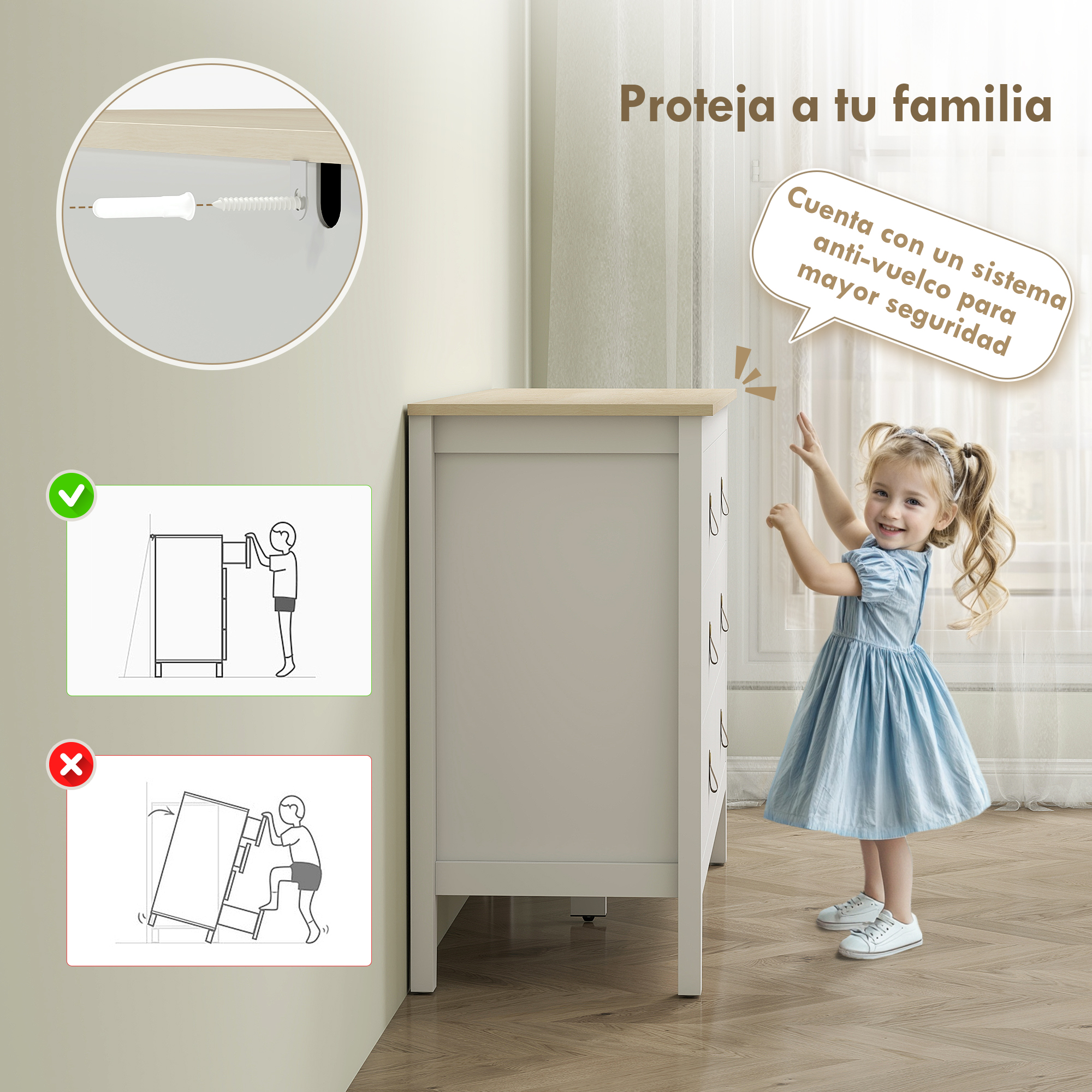 Niña con vestido azul junto a cómoda. Instrucciones de montaje a la izquierda.