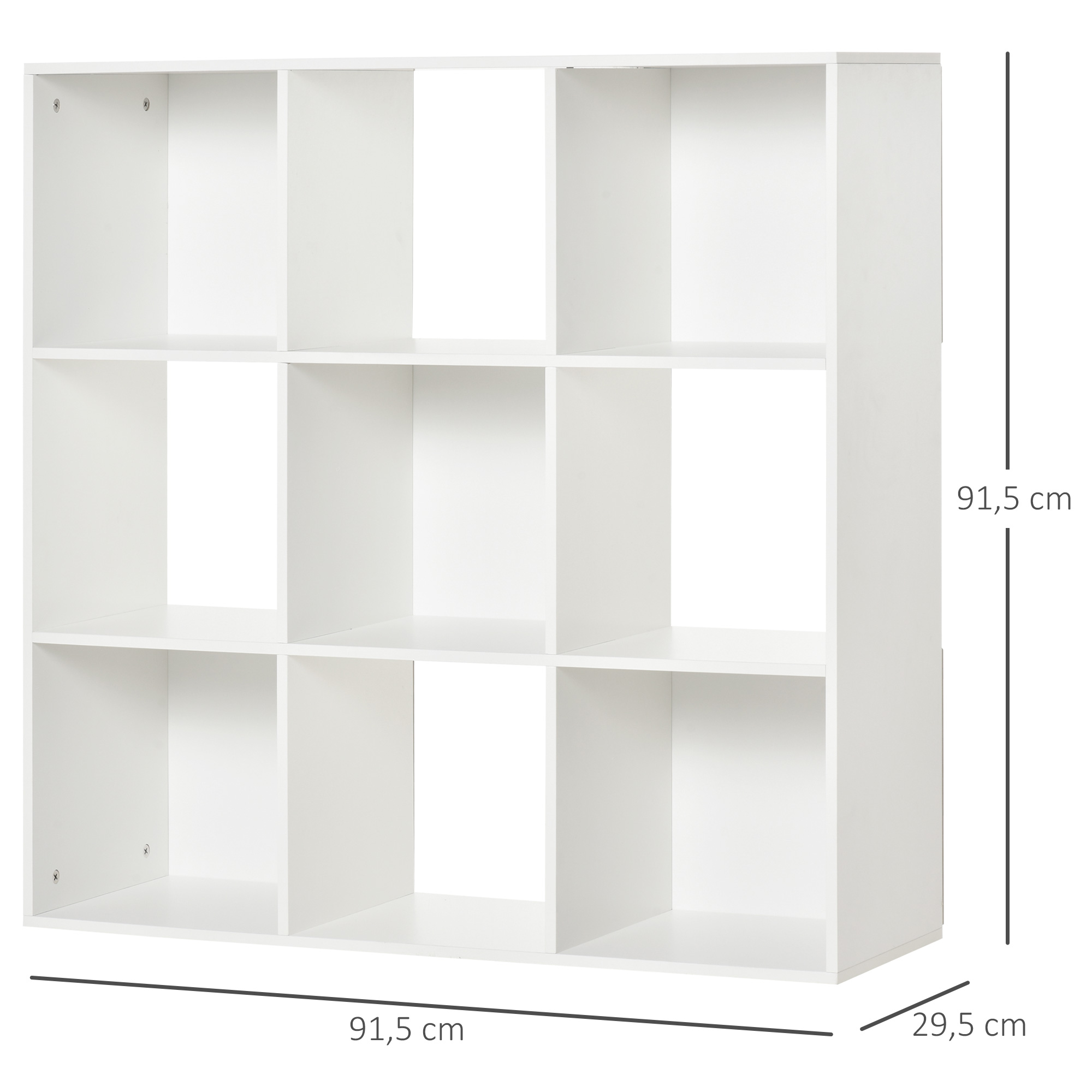 Un estante blanco de nueve cubos, 91,5 cm de alto y ancho.